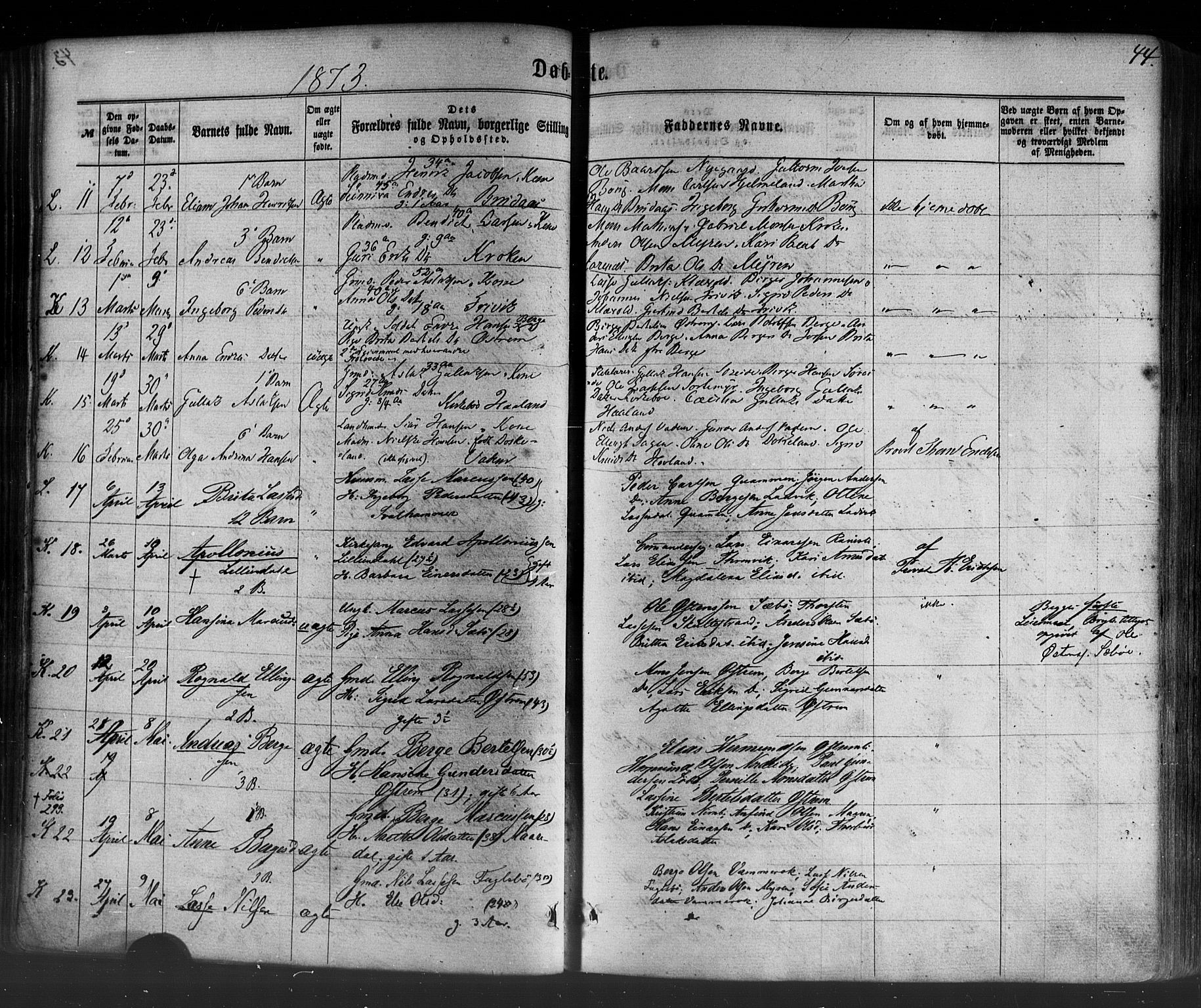 Lavik sokneprestembete, AV/SAB-A-80901: Parish register (official) no. A 4, 1864-1881, p. 44