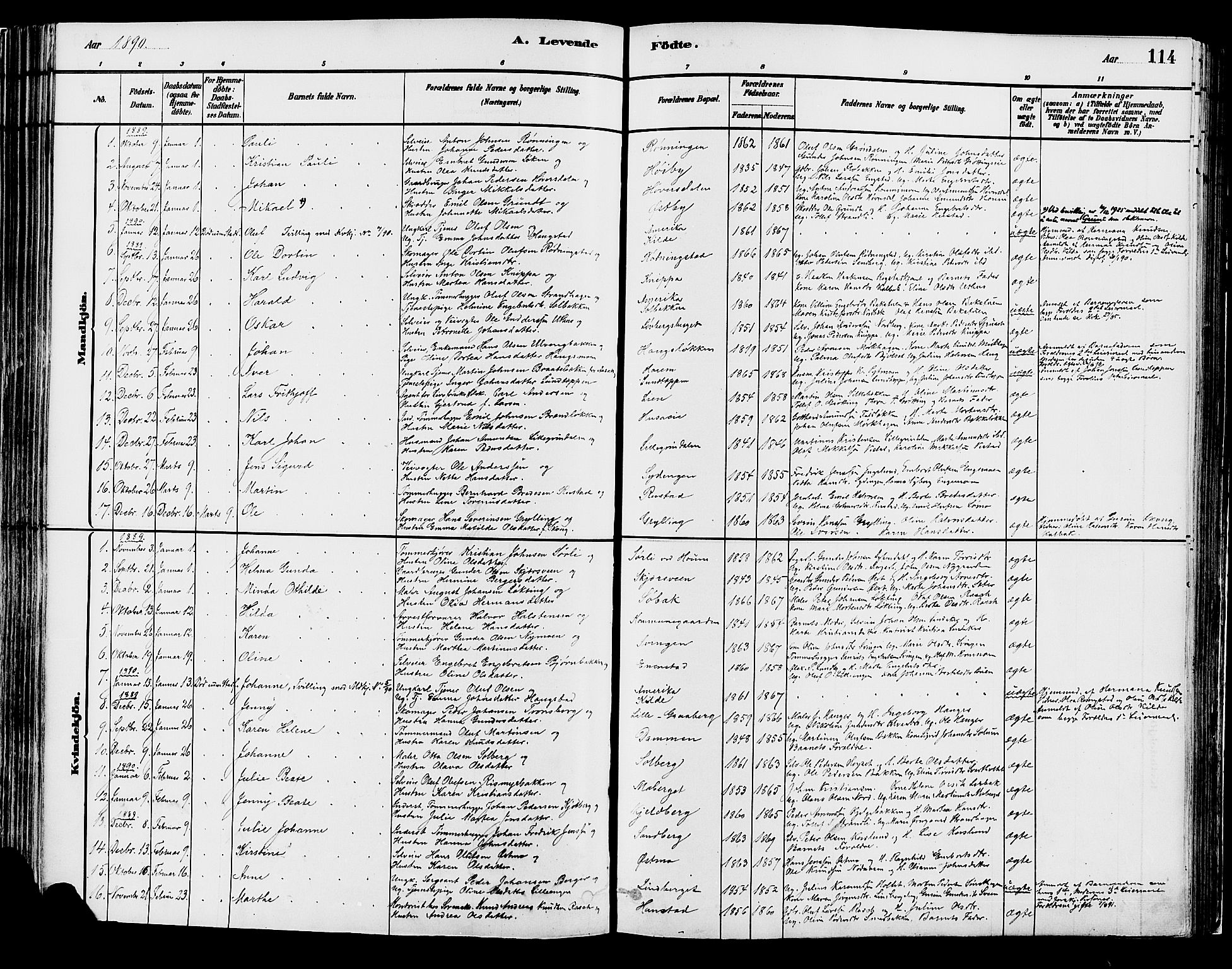 Elverum prestekontor, SAH/PREST-044/H/Ha/Haa/L0013: Parish register (official) no. 13, 1880-1890, p. 114