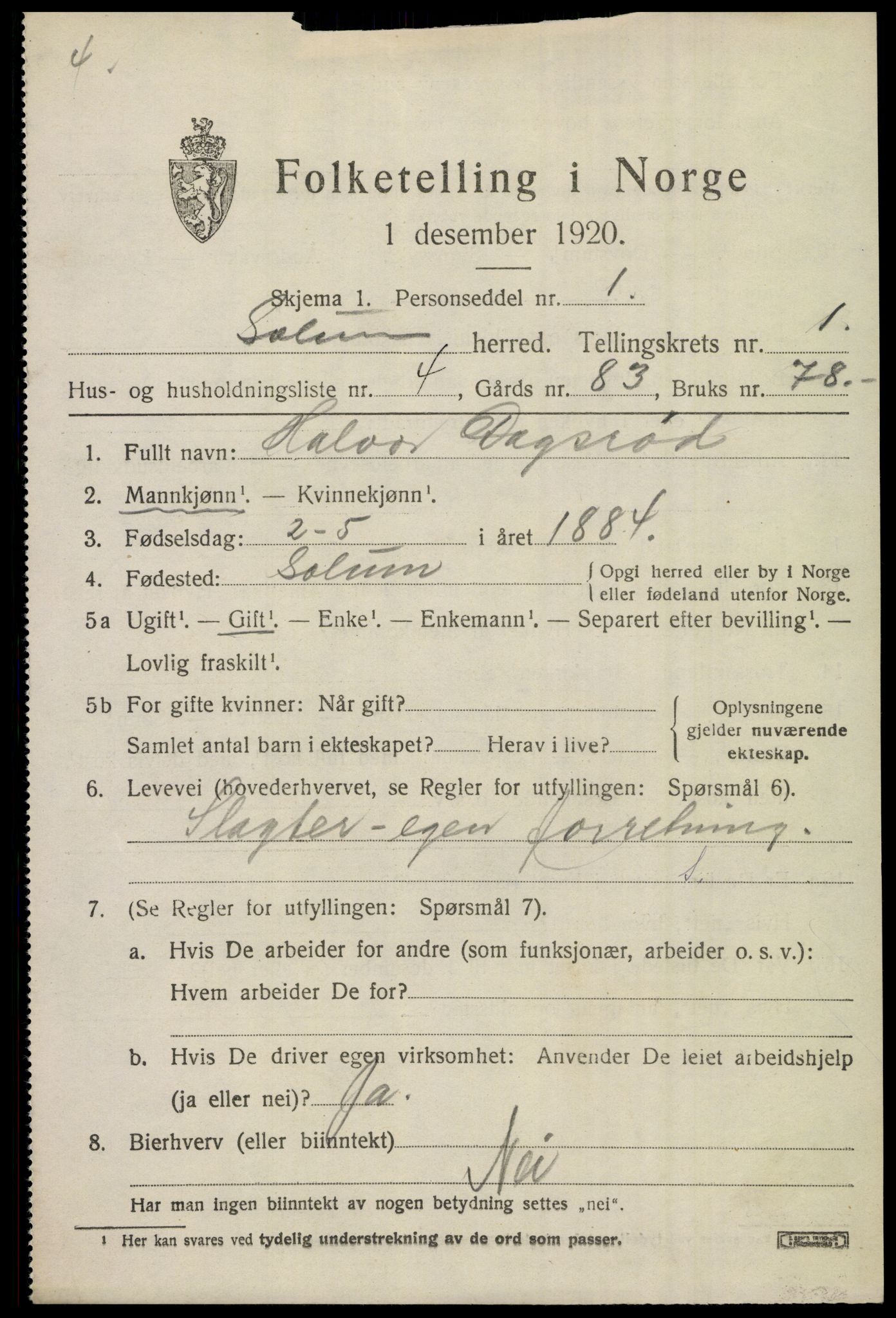 SAKO, 1920 census for Solum, 1920, p. 2284