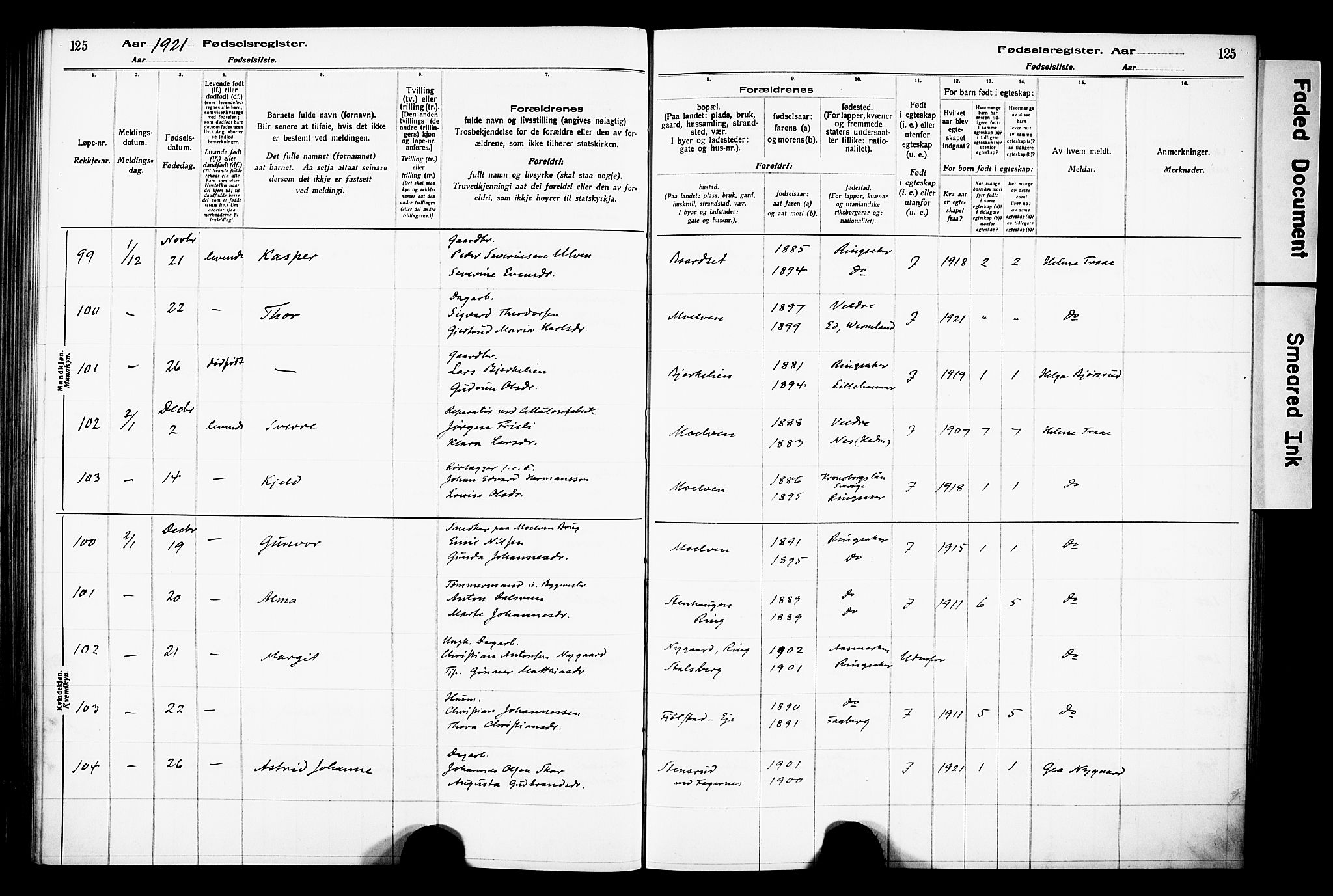 Ringsaker prestekontor, AV/SAH-PREST-014/O/Oa/L0001: Birth register no. 1, 1916-1925, p. 125