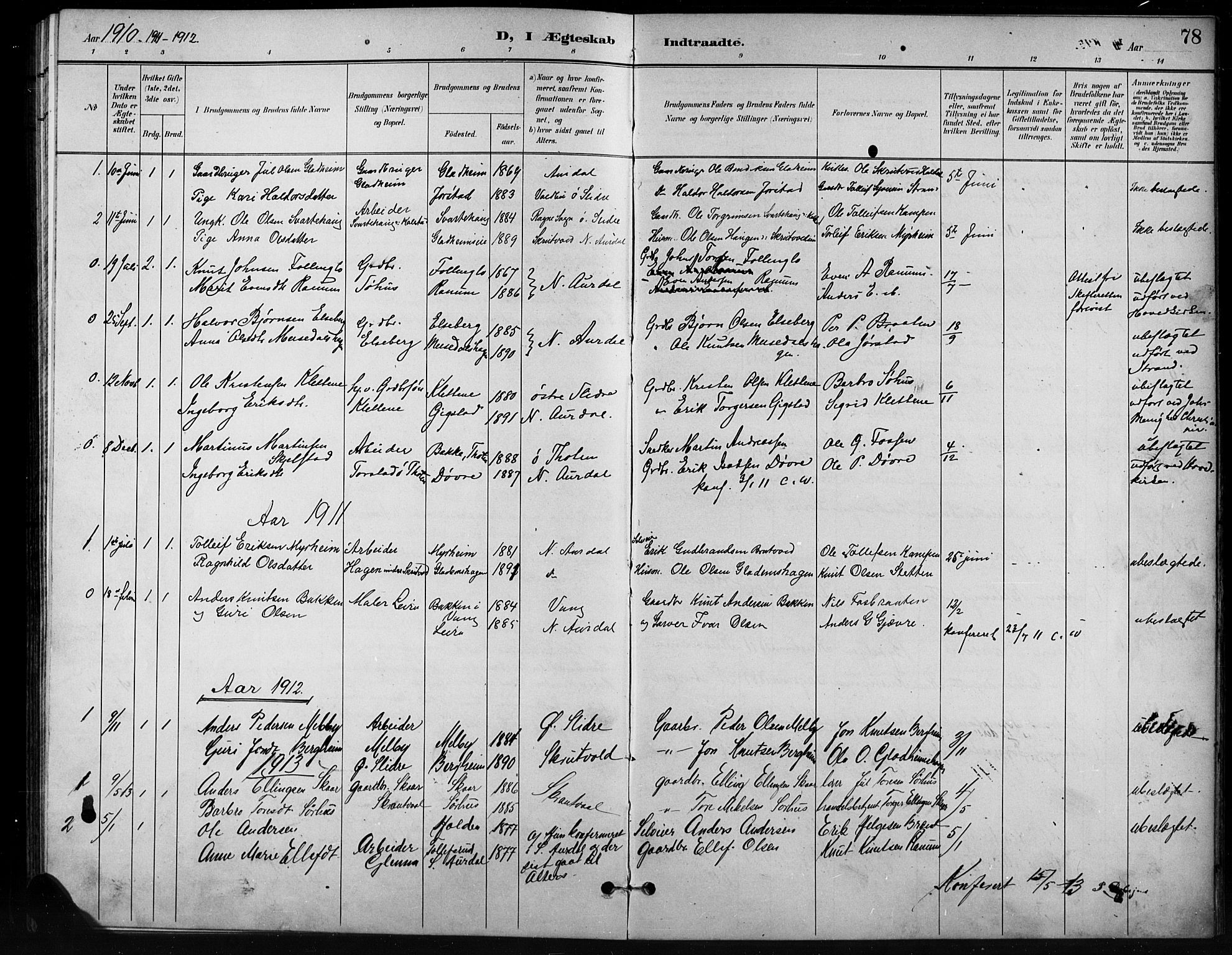 Nord-Aurdal prestekontor, SAH/PREST-132/H/Ha/Hab/L0011: Parish register (copy) no. 11, 1897-1918, p. 78