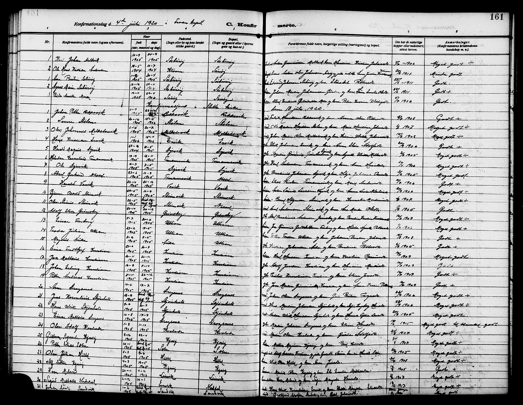 Ministerialprotokoller, klokkerbøker og fødselsregistre - Sør-Trøndelag, SAT/A-1456/640/L0588: Parish register (copy) no. 640C05, 1909-1922, p. 161