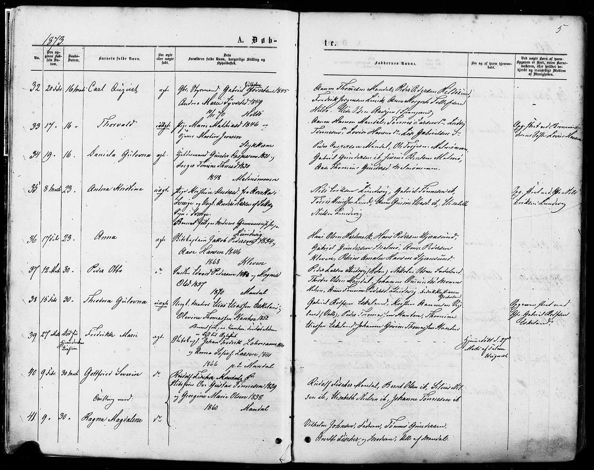 Mandal sokneprestkontor, AV/SAK-1111-0030/F/Fa/Faa/L0015: Parish register (official) no. A 15, 1873-1879, p. 5