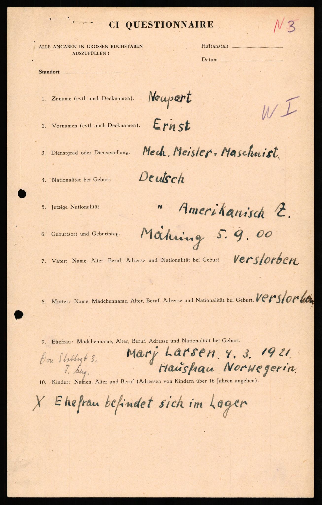 Forsvaret, Forsvarets overkommando II, RA/RAFA-3915/D/Db/L0024: CI Questionaires. Tyske okkupasjonsstyrker i Norge. Tyskere., 1945-1946, p. 95