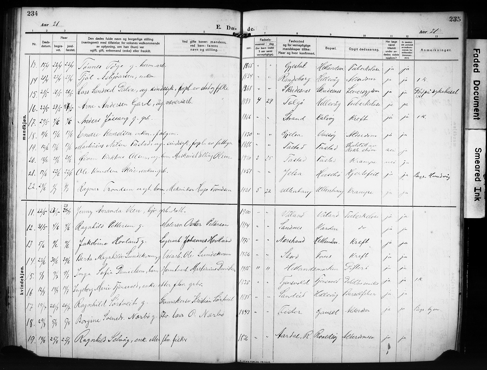 Hetland sokneprestkontor, SAST/A-101826/30/30BB/L0009: Parish register (copy) no. B 9, 1910-1931, p. 234-235