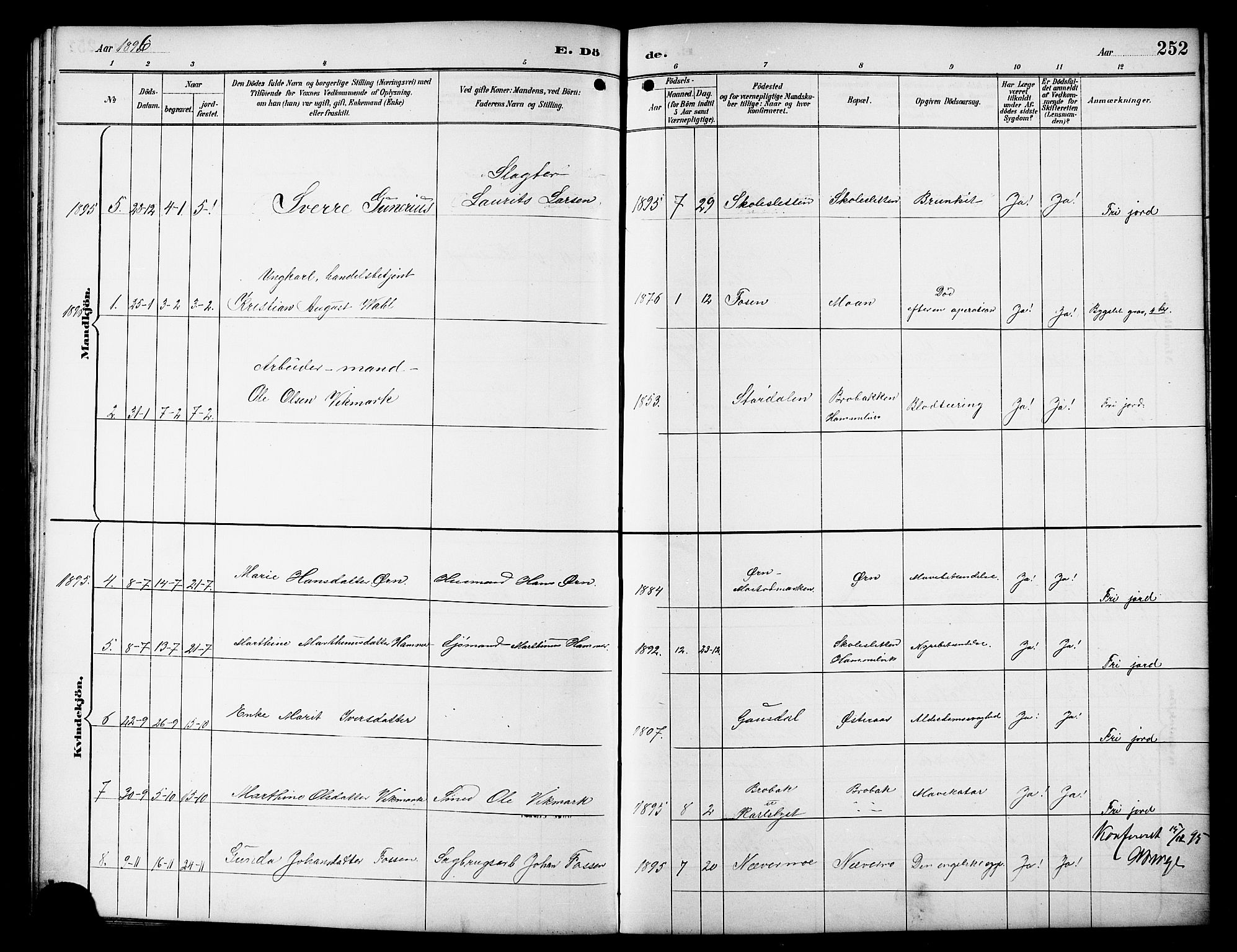 Ministerialprotokoller, klokkerbøker og fødselsregistre - Sør-Trøndelag, SAT/A-1456/617/L0431: Parish register (copy) no. 617C01, 1889-1910, p. 252