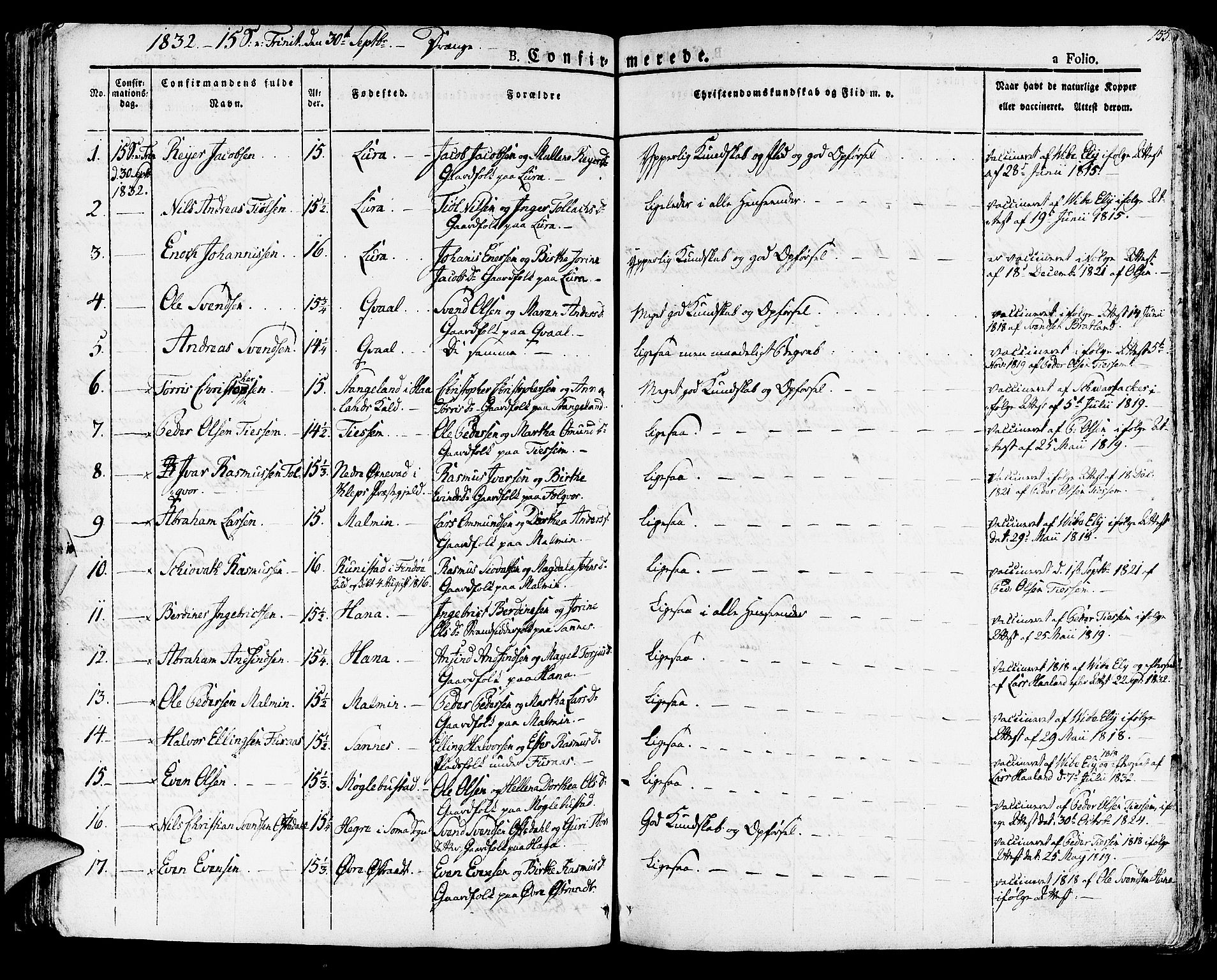 Høyland sokneprestkontor, SAST/A-101799/001/30BA/L0007: Parish register (official) no. A 7 /1, 1825-1841, p. 155