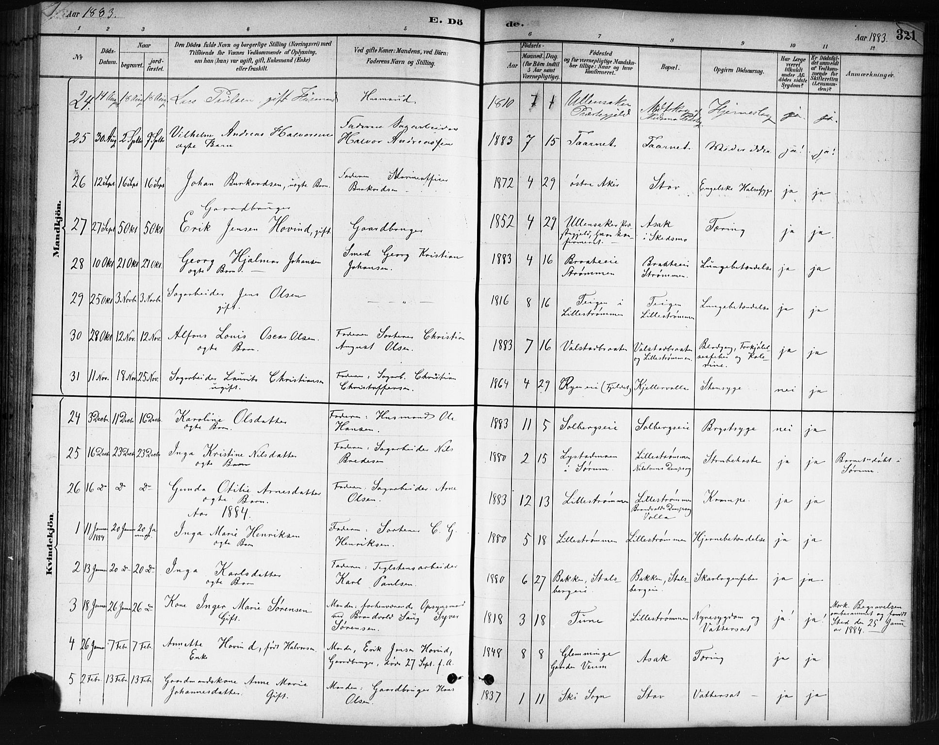 Skedsmo prestekontor Kirkebøker, SAO/A-10033a/G/Ga/L0004: Parish register (copy) no. I 4, 1883-1895, p. 321