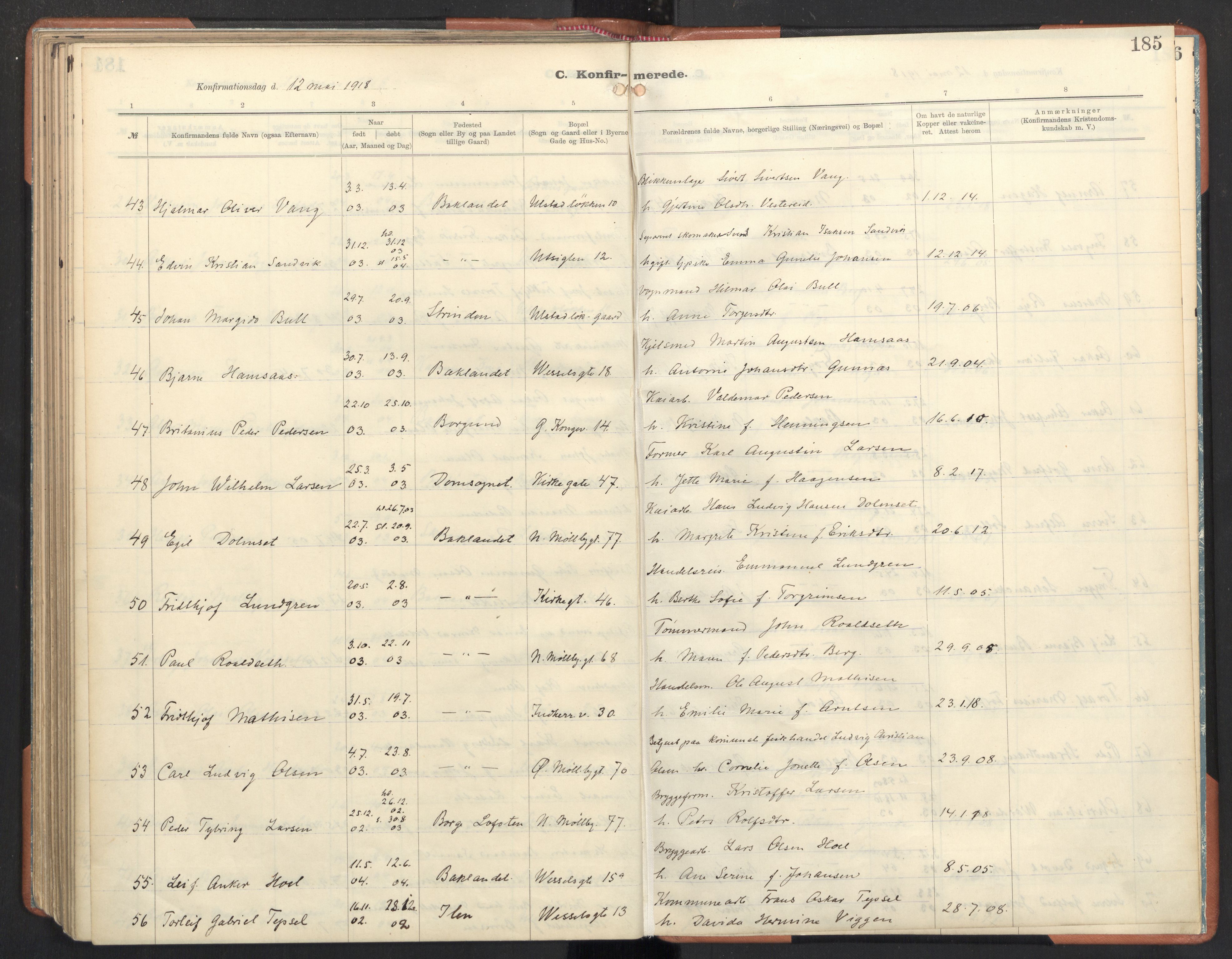 Ministerialprotokoller, klokkerbøker og fødselsregistre - Sør-Trøndelag, AV/SAT-A-1456/605/L0246: Parish register (official) no. 605A08, 1916-1920, p. 185