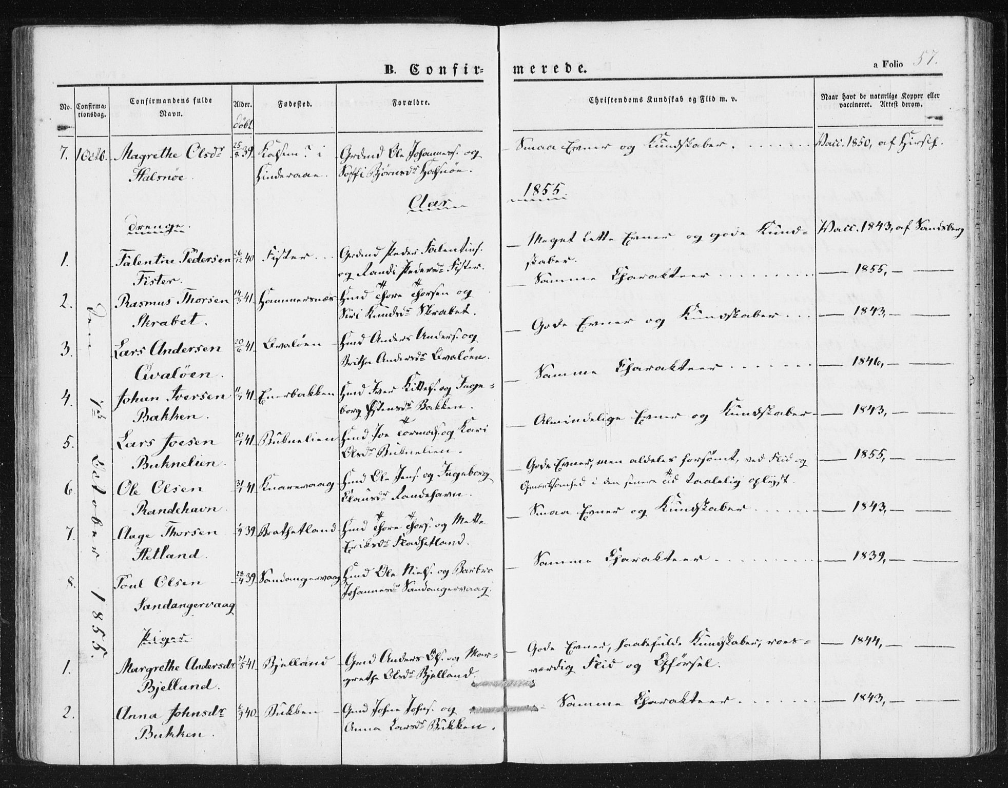 Hjelmeland sokneprestkontor, SAST/A-101843/01/IV/L0010: Parish register (official) no. A 10, 1851-1871, p. 57