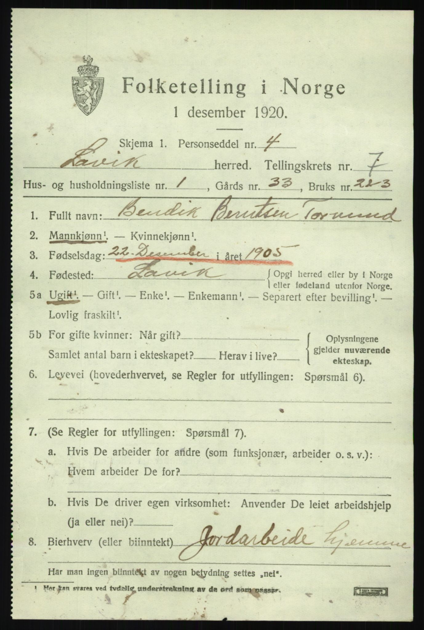 SAB, 1920 census for Lavik, 1920, p. 1530