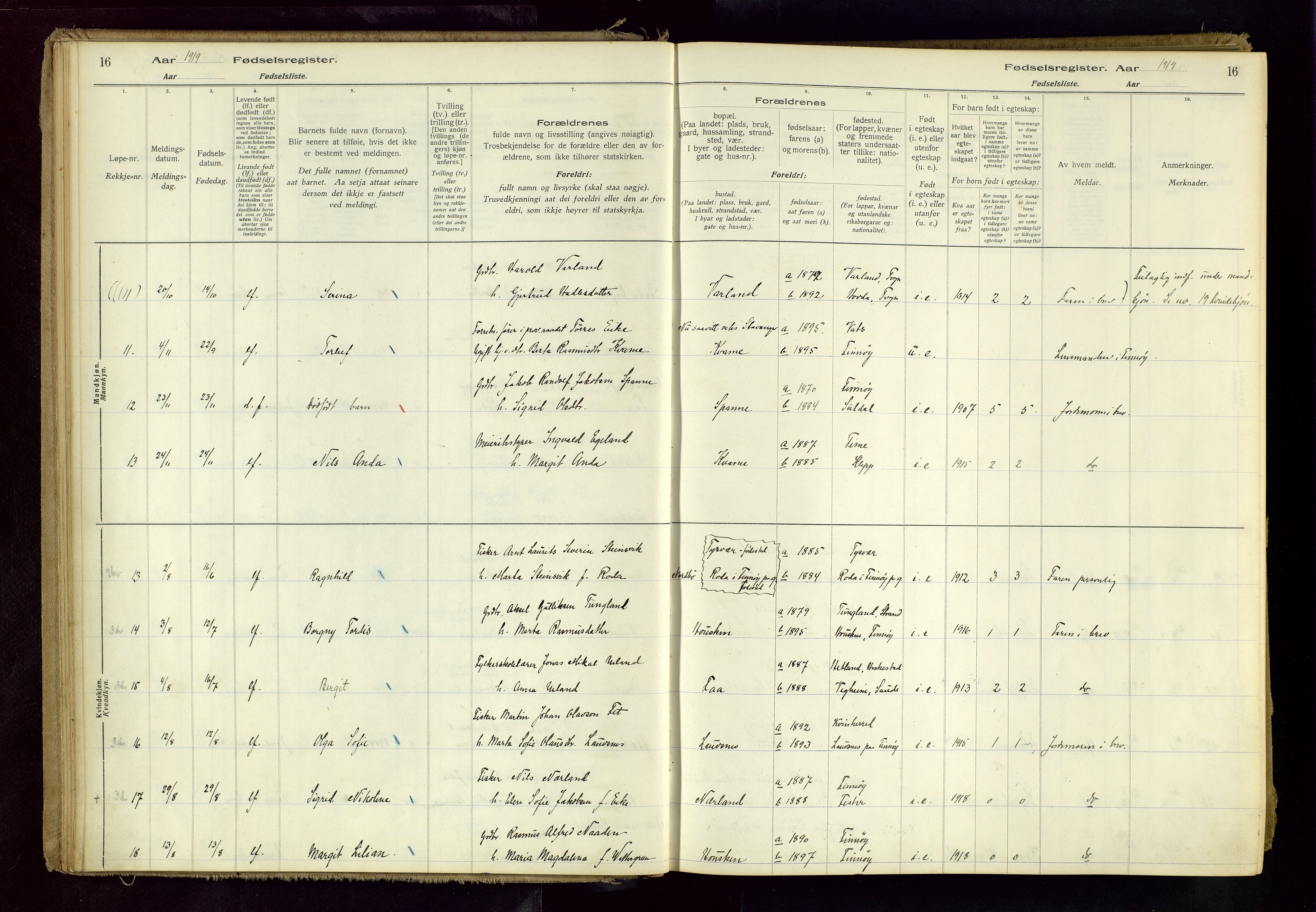 Finnøy sokneprestkontor, AV/SAST-A-101825/I/Id/L0001: Birth register no. 1, 1916-1977, p. 16