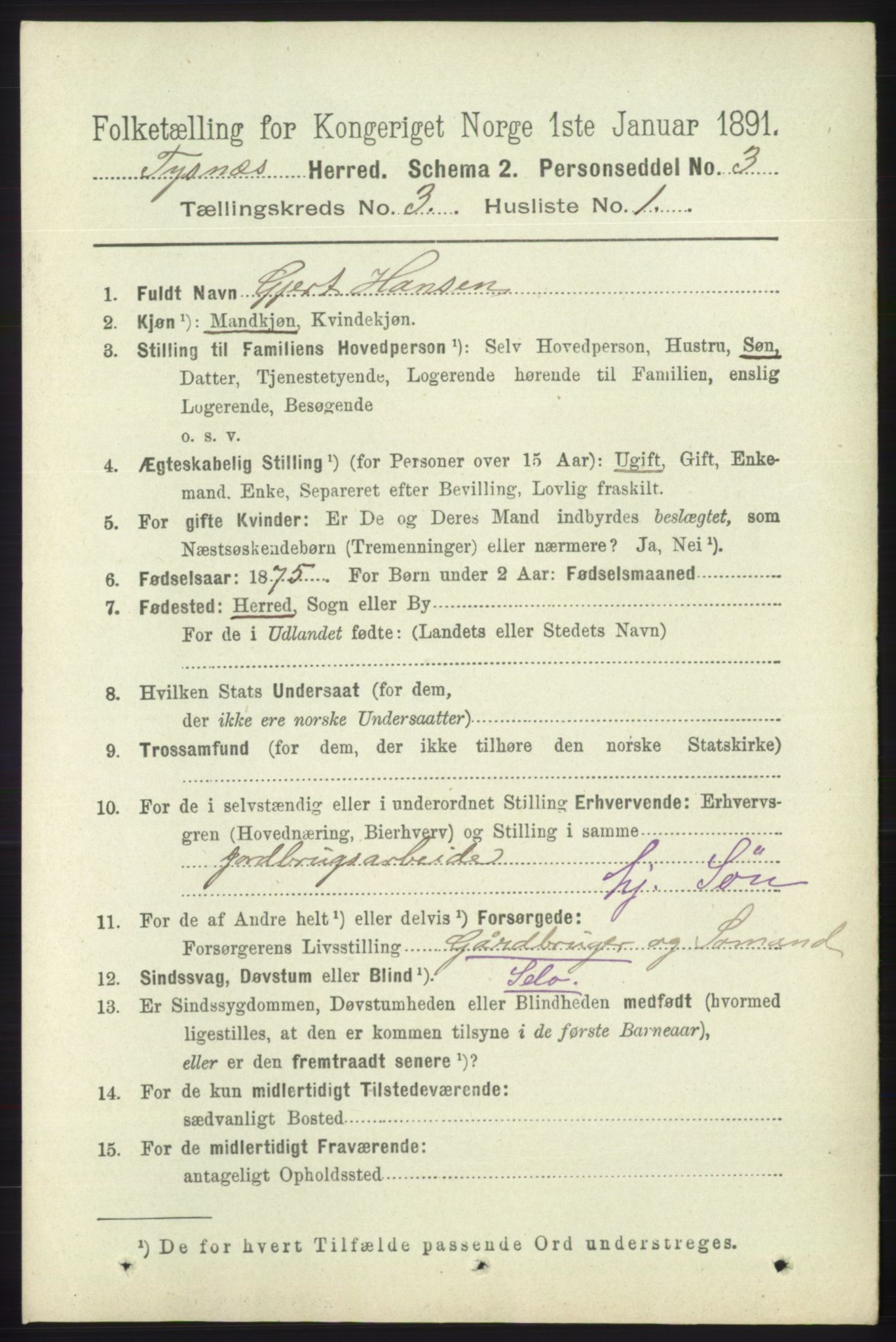 RA, 1891 census for 1223 Tysnes, 1891, p. 845