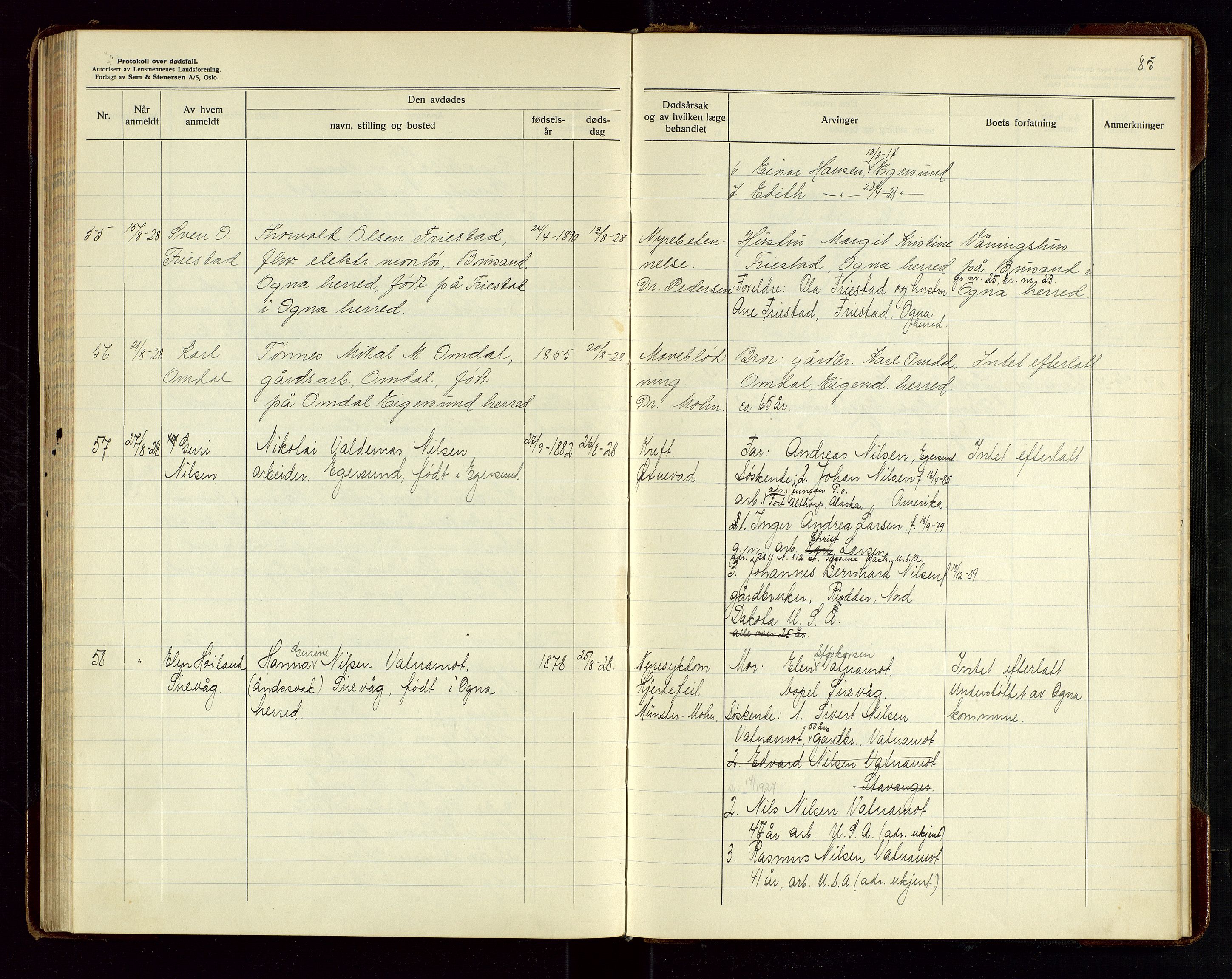 Eigersund lensmannskontor, AV/SAST-A-100171/Gga/L0010: "Protokoll over anmeldte dødsfall" m/alfabetisk navneregister, 1926-1928, p. 85