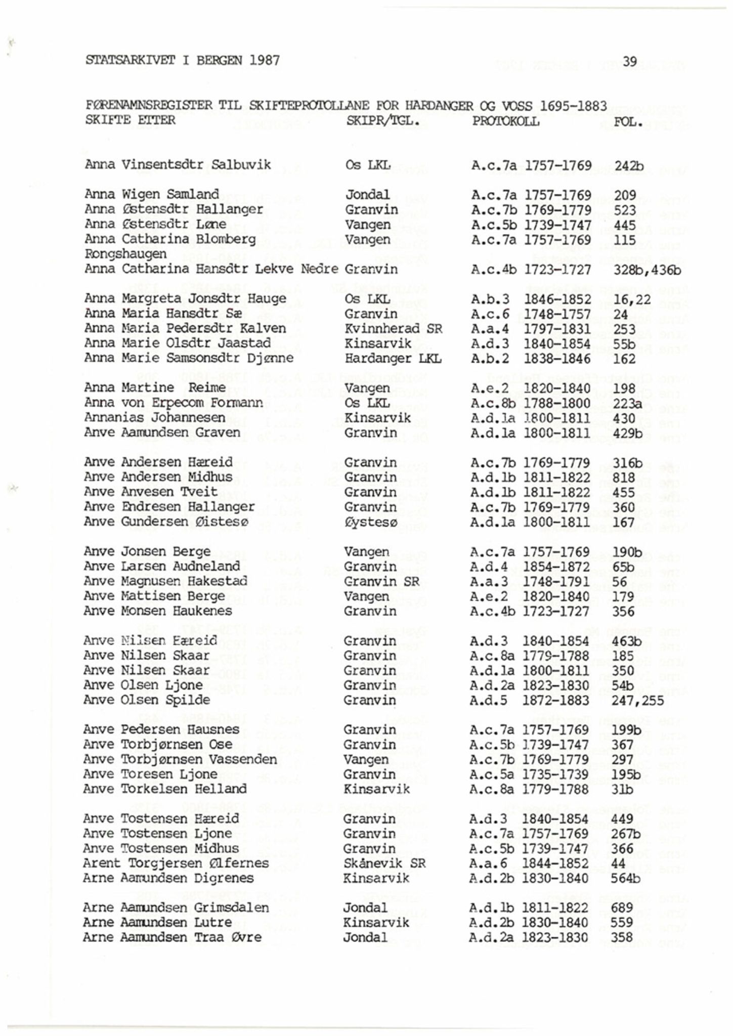 Hardanger og Voss sorenskriveri, SAB/A-2501/4, 1695-1883, p. 39