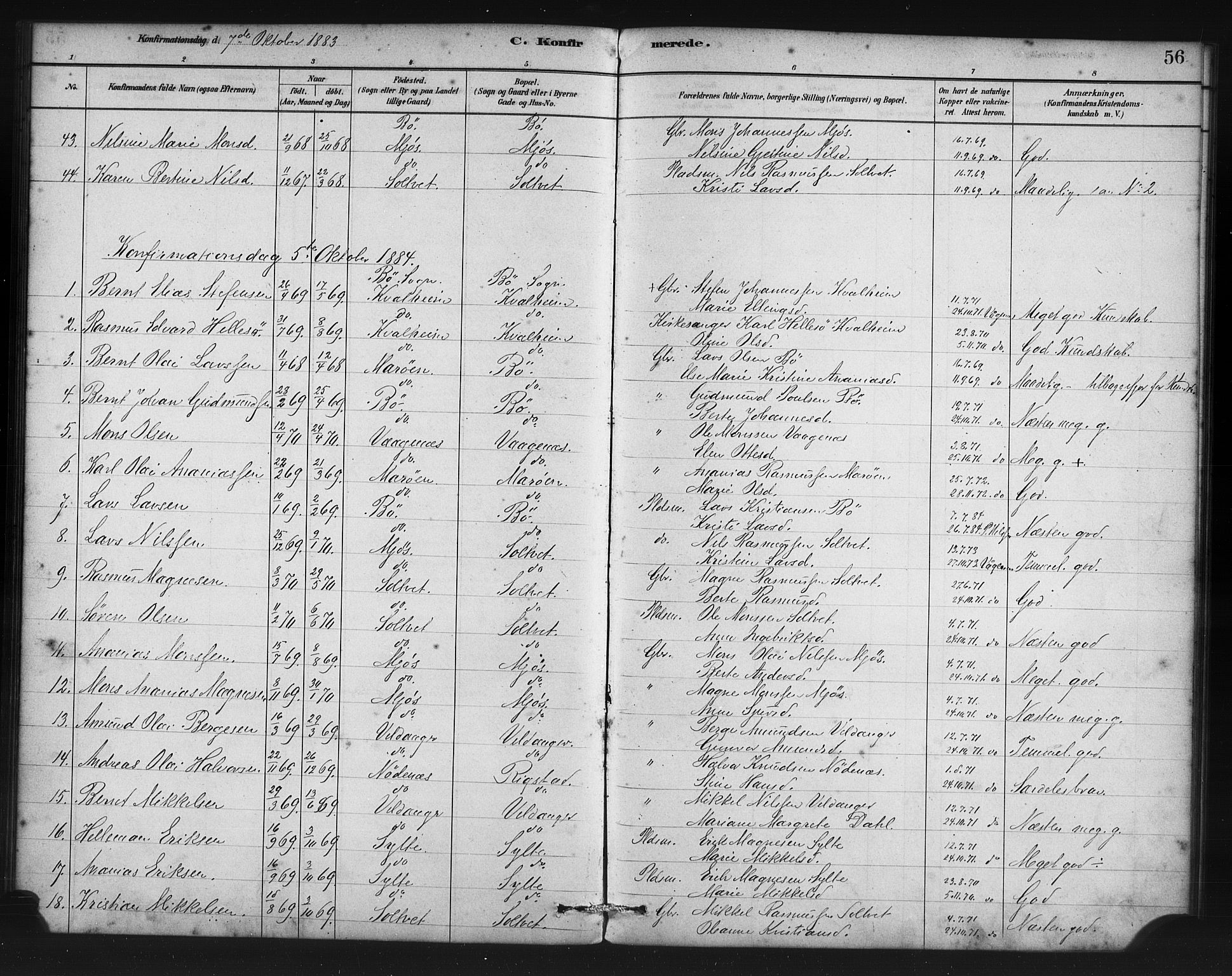 Manger sokneprestembete, SAB/A-76801/H/Haa: Parish register (official) no. C 1, 1881-1890, p. 56