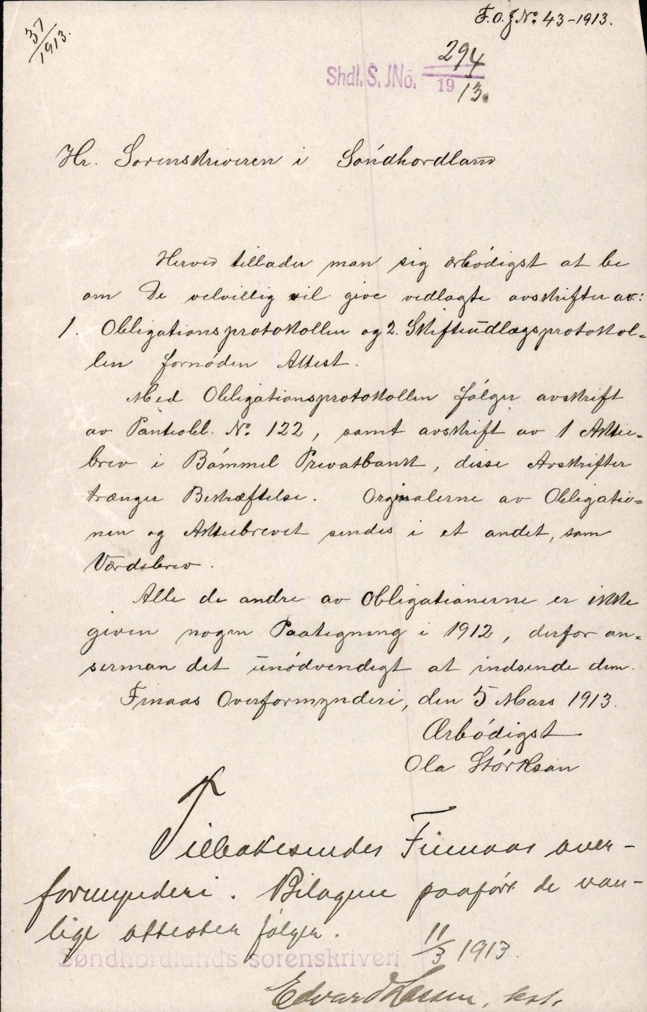 Finnaas kommune. Overformynderiet, IKAH/1218a-812/D/Da/Daa/L0002/0004: Kronologisk ordna korrespondanse / Kronologisk ordna korrespondanse, 1910-1913, p. 178