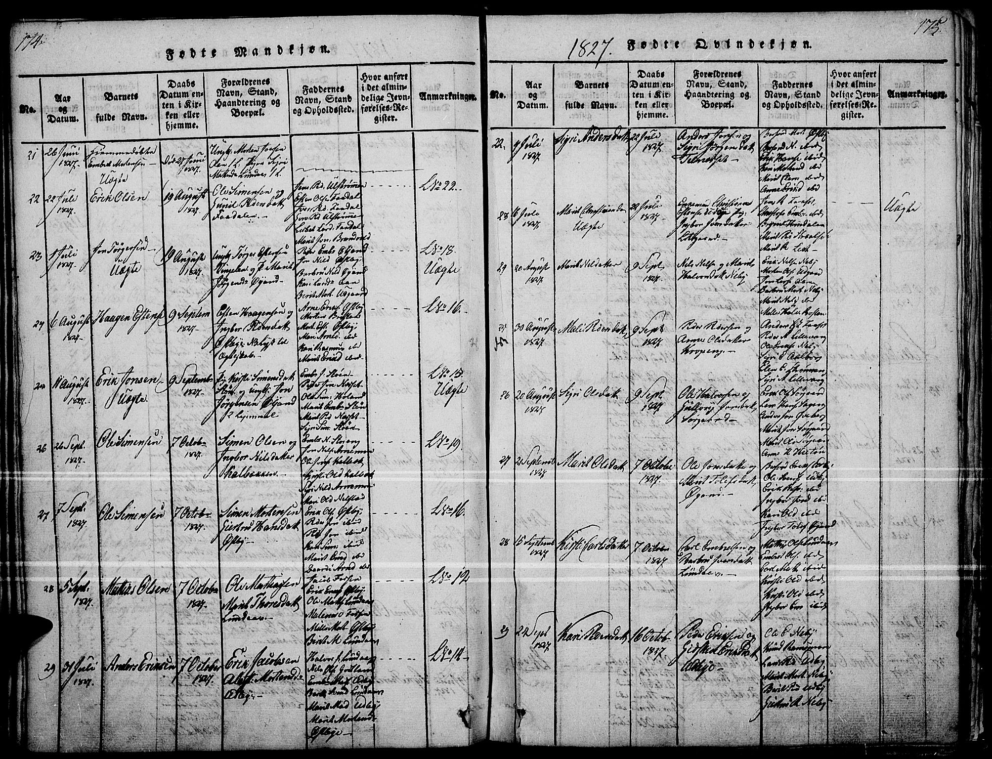 Tynset prestekontor, SAH/PREST-058/H/Ha/Haa/L0018: Parish register (official) no. 18, 1815-1829, p. 174-175