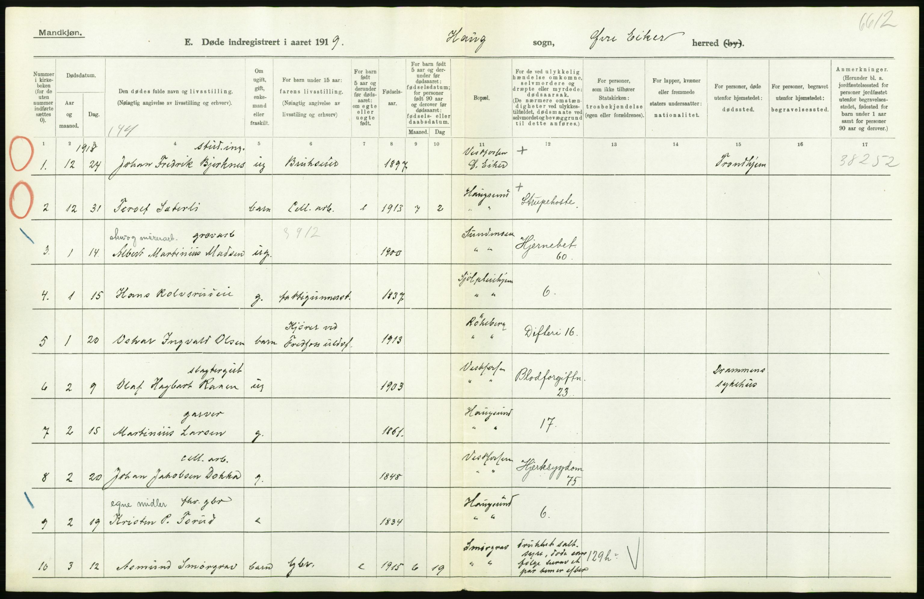 Statistisk sentralbyrå, Sosiodemografiske emner, Befolkning, RA/S-2228/D/Df/Dfb/Dfbi/L0018: Buskerud fylke: Døde. Bygder og byer., 1919, p. 256