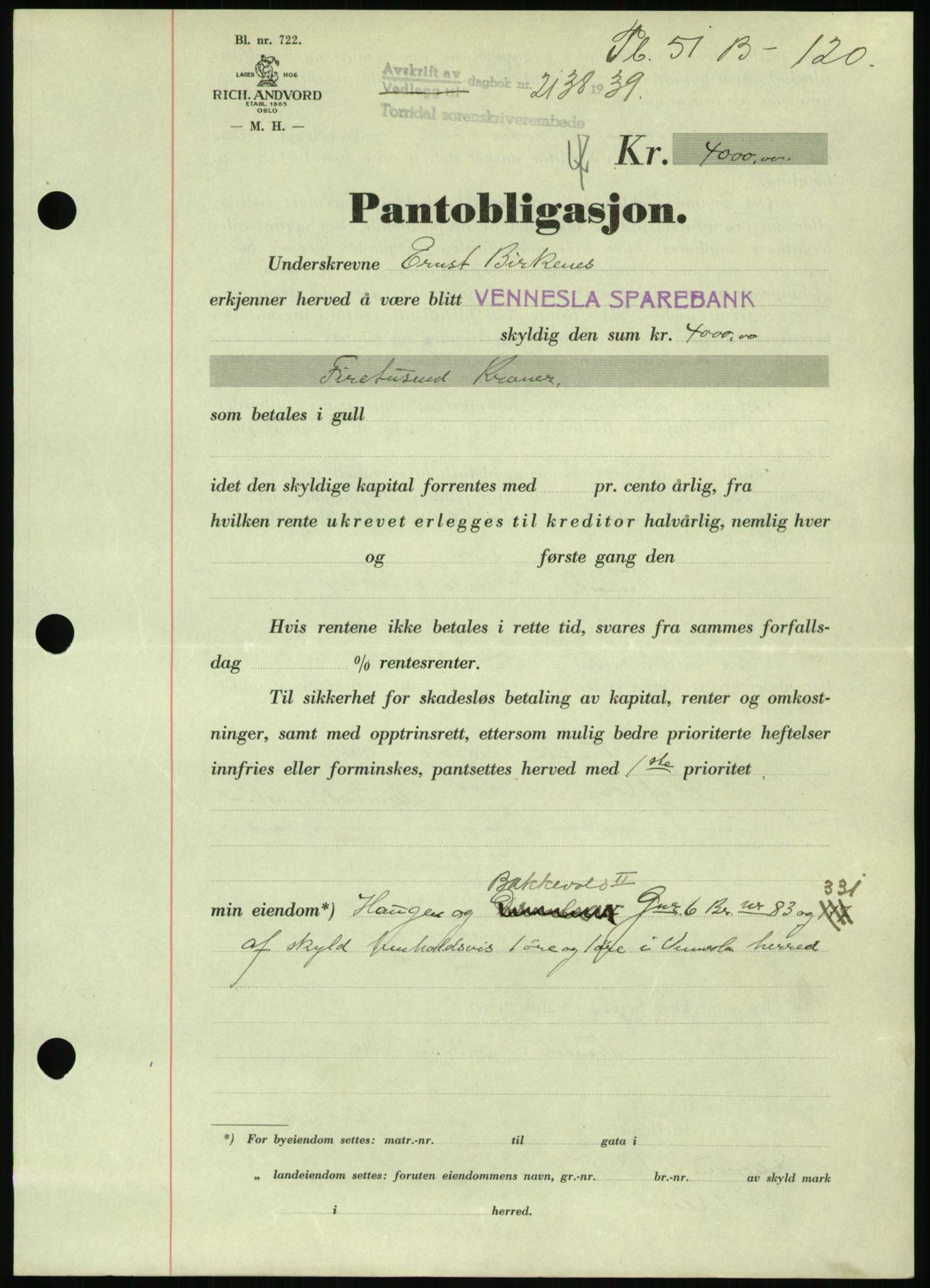 Torridal sorenskriveri, AV/SAK-1221-0012/G/Gb/Gbb/L0007: Mortgage book no. 51b, 1939-1940, Diary no: : 2138/1939
