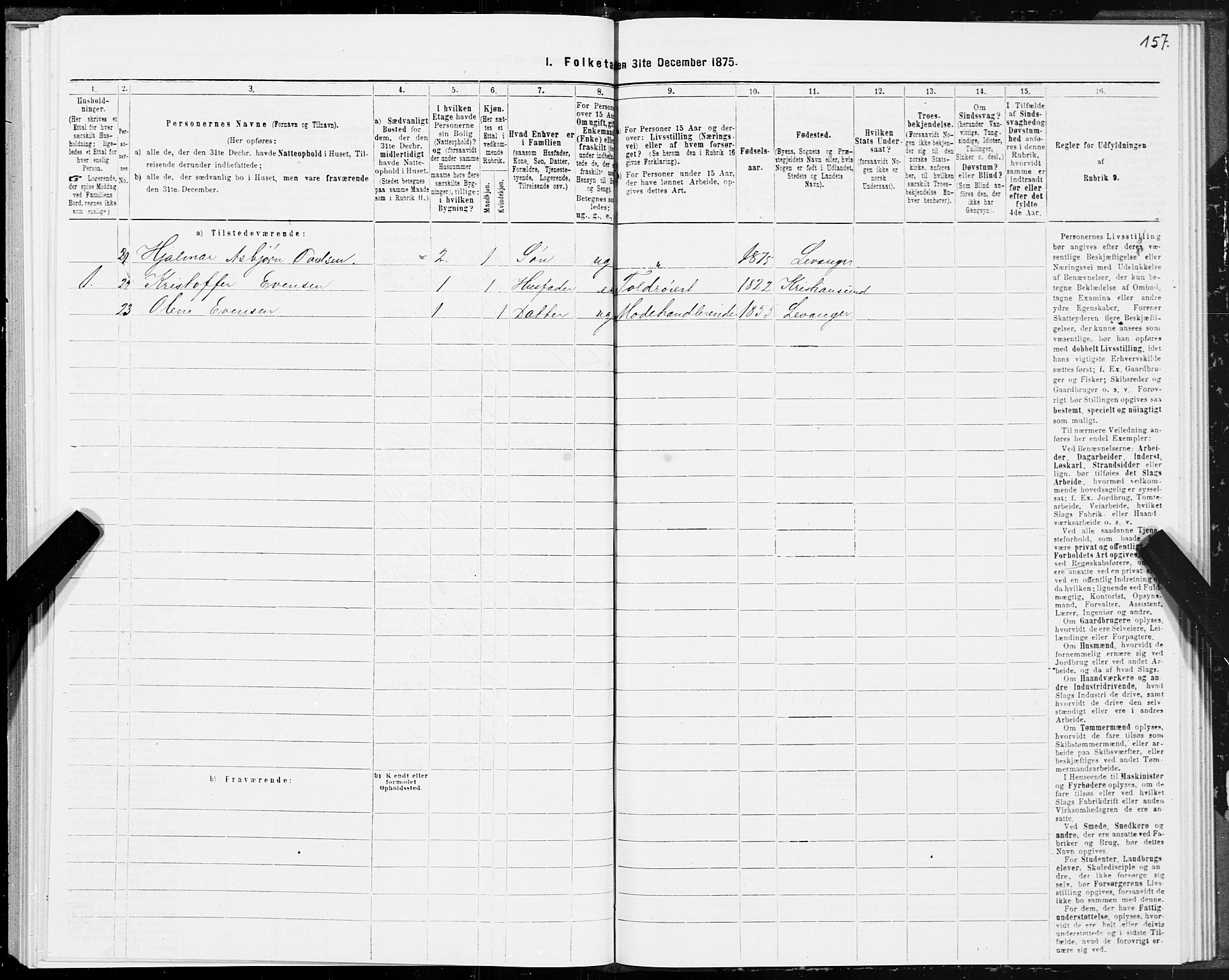 SAT, 1875 census for 1701B Levanger/Levanger, 1875, p. 157