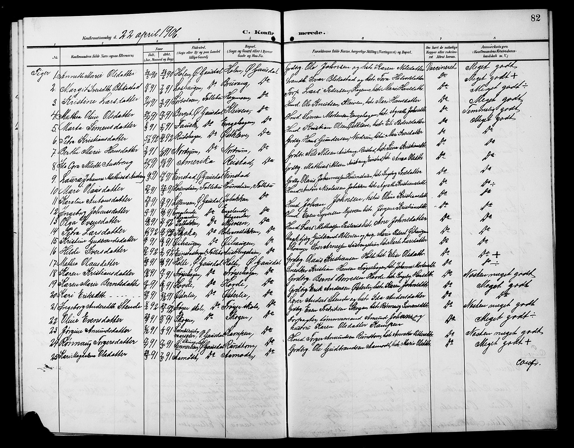 Østre Gausdal prestekontor, AV/SAH-PREST-092/H/Ha/Hab/L0004: Parish register (copy) no. 4, 1905-1923, p. 82