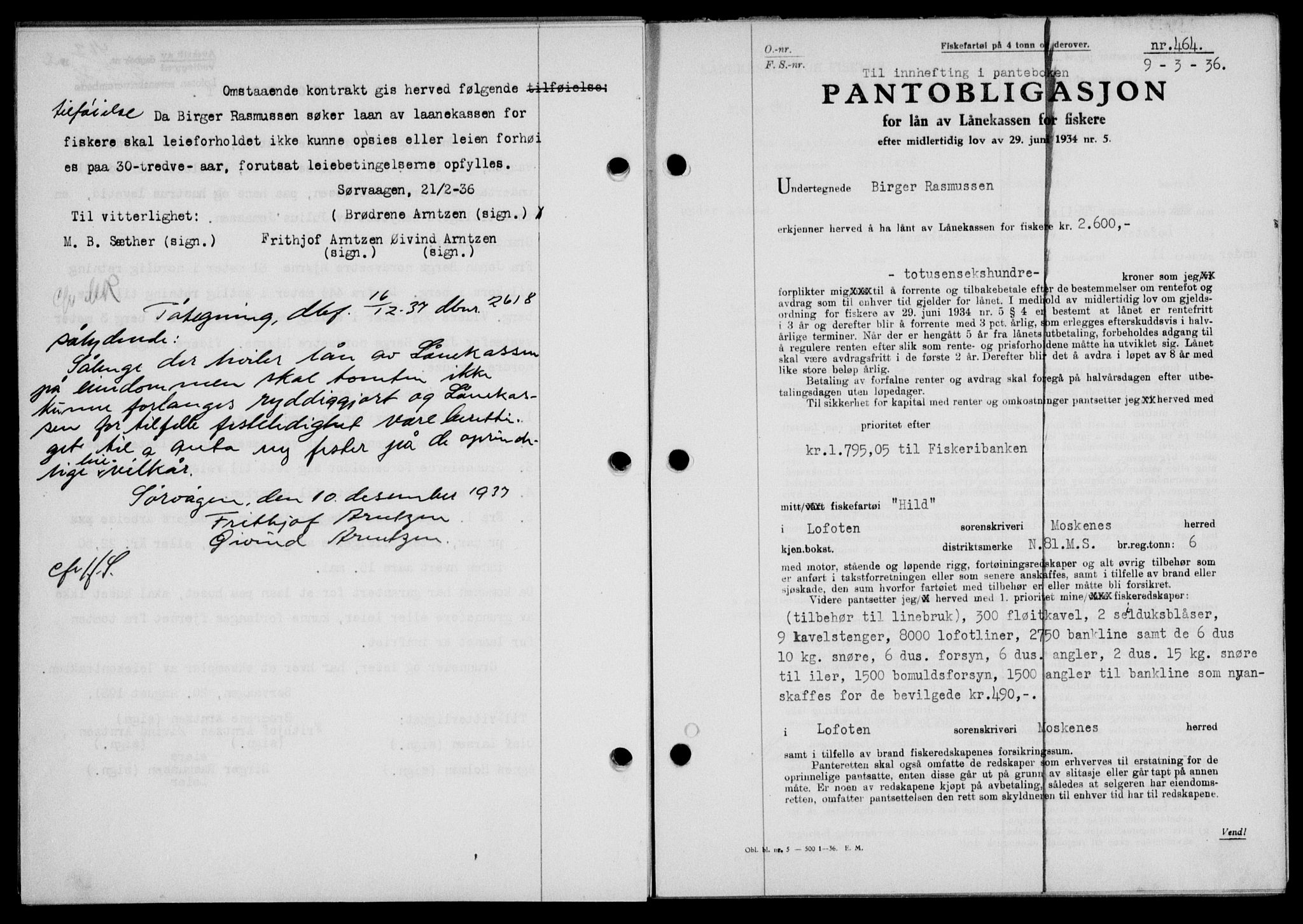 Lofoten sorenskriveri, SAT/A-0017/1/2/2C/L0033b: Mortgage book no. 33b, 1936-1936, Diary no: : 464/1936