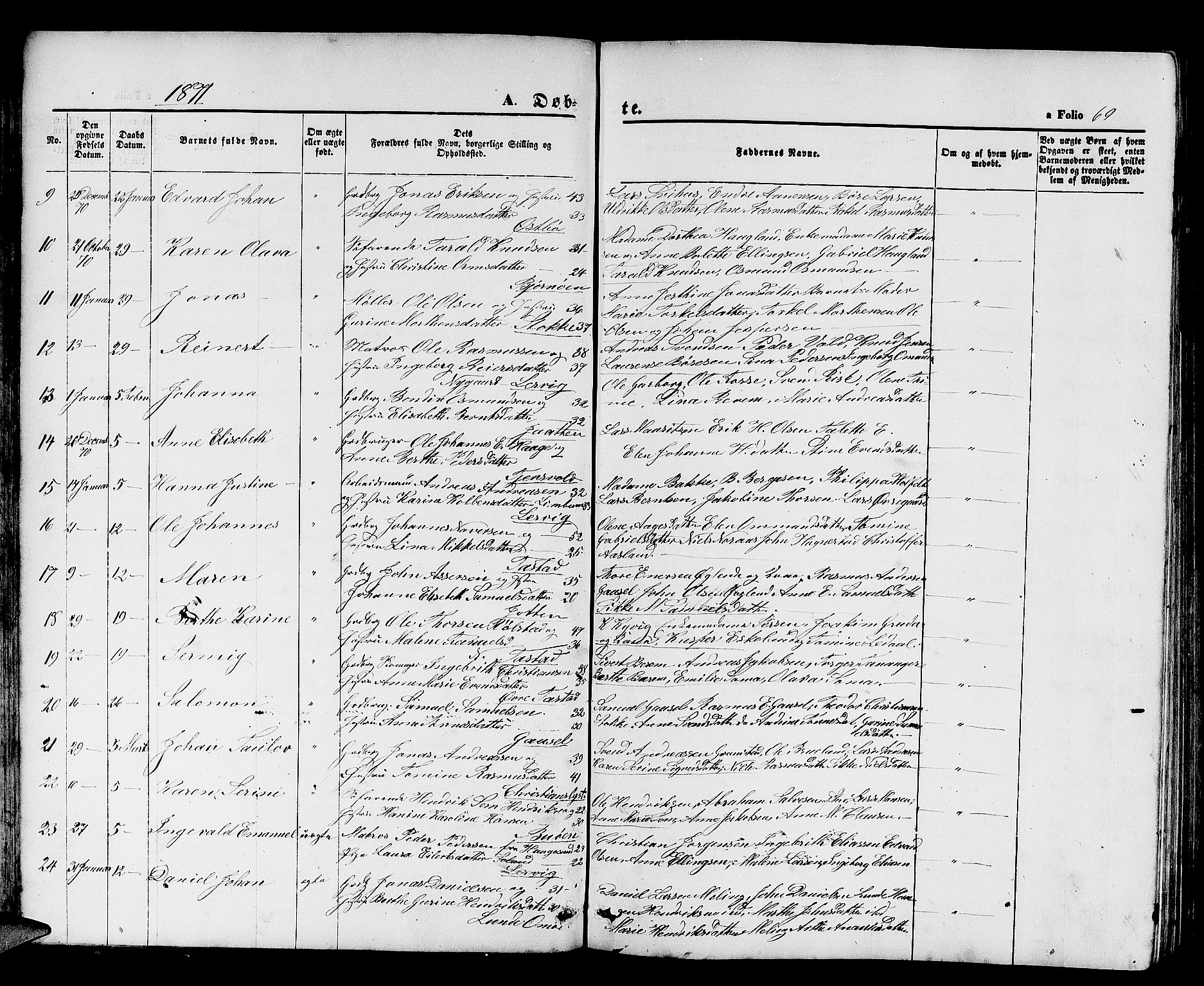 Hetland sokneprestkontor, SAST/A-101826/30/30BB/L0003: Parish register (copy) no. B 3, 1863-1877, p. 69