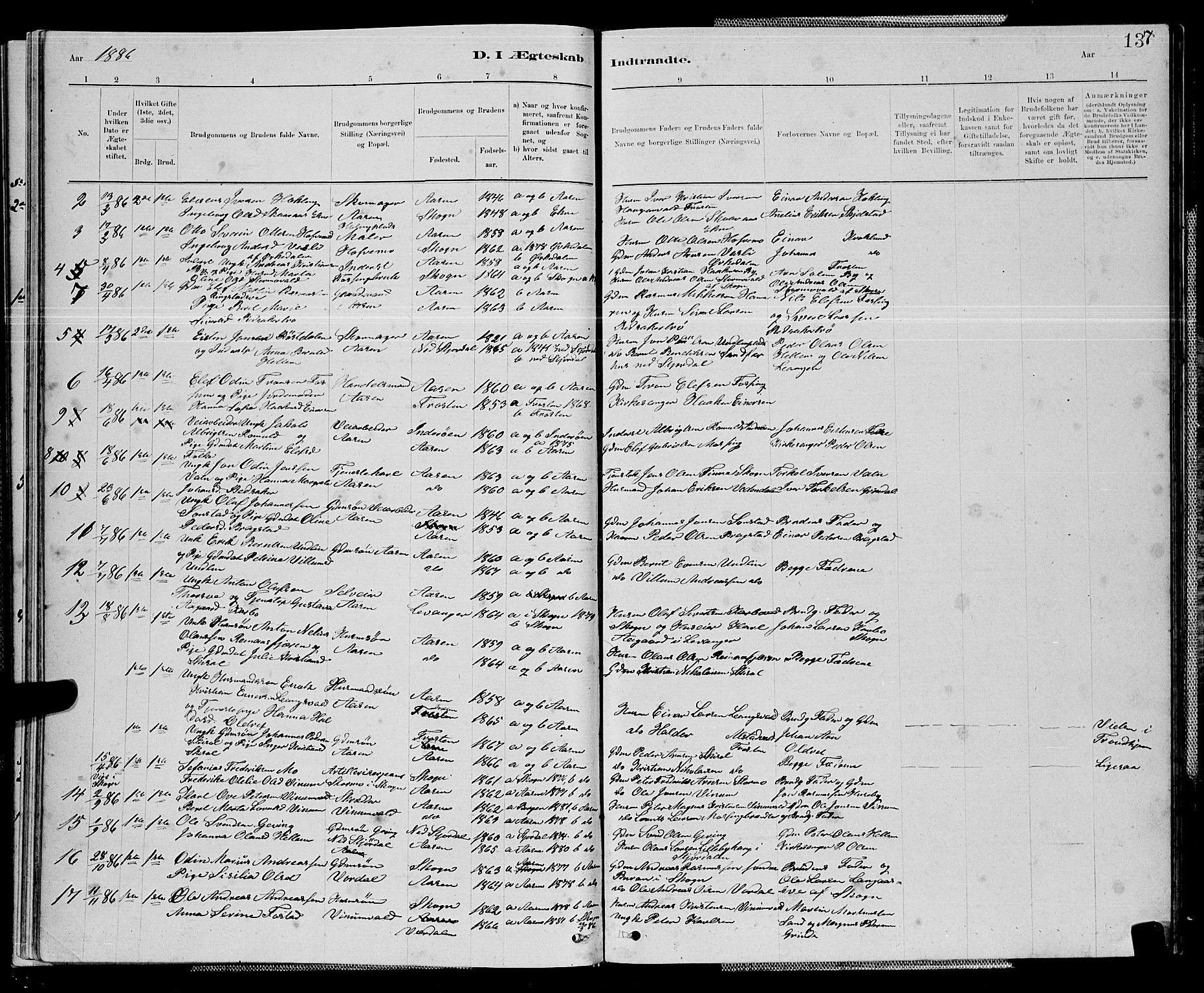 Ministerialprotokoller, klokkerbøker og fødselsregistre - Nord-Trøndelag, SAT/A-1458/714/L0134: Parish register (copy) no. 714C03, 1878-1898, p. 137