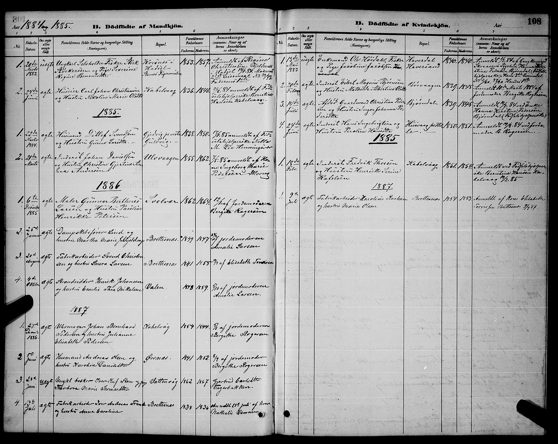 Ministerialprotokoller, klokkerbøker og fødselsregistre - Nordland, AV/SAT-A-1459/874/L1076: Parish register (copy) no. 874C05, 1884-1890, p. 108