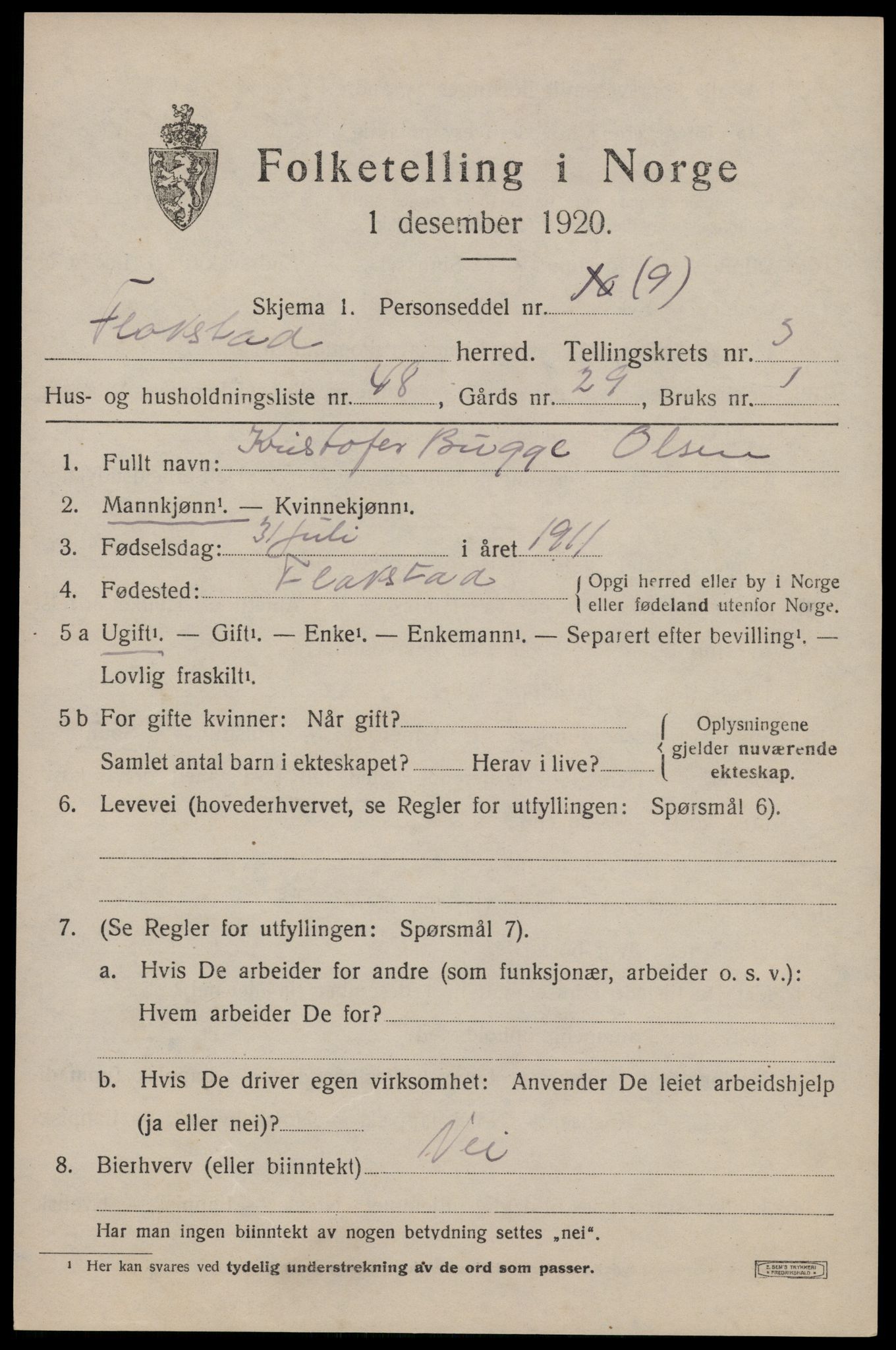 SAT, 1920 census for Flakstad, 1920, p. 2799