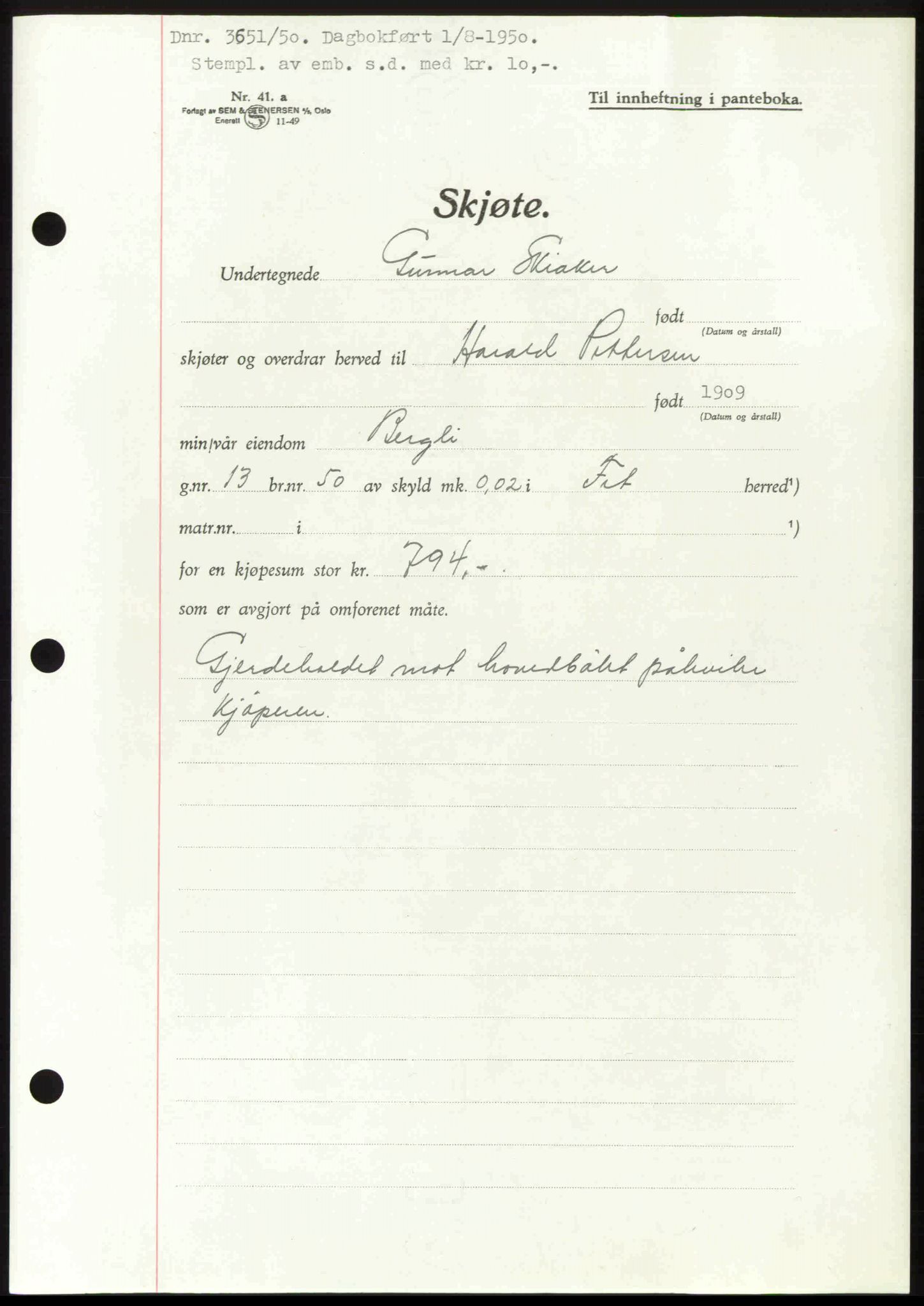 Nedre Romerike sorenskriveri, AV/SAO-A-10469/G/Gb/Gbd/L0031: Mortgage book no. 31, 1950-1950, Diary no: : 3651/1950