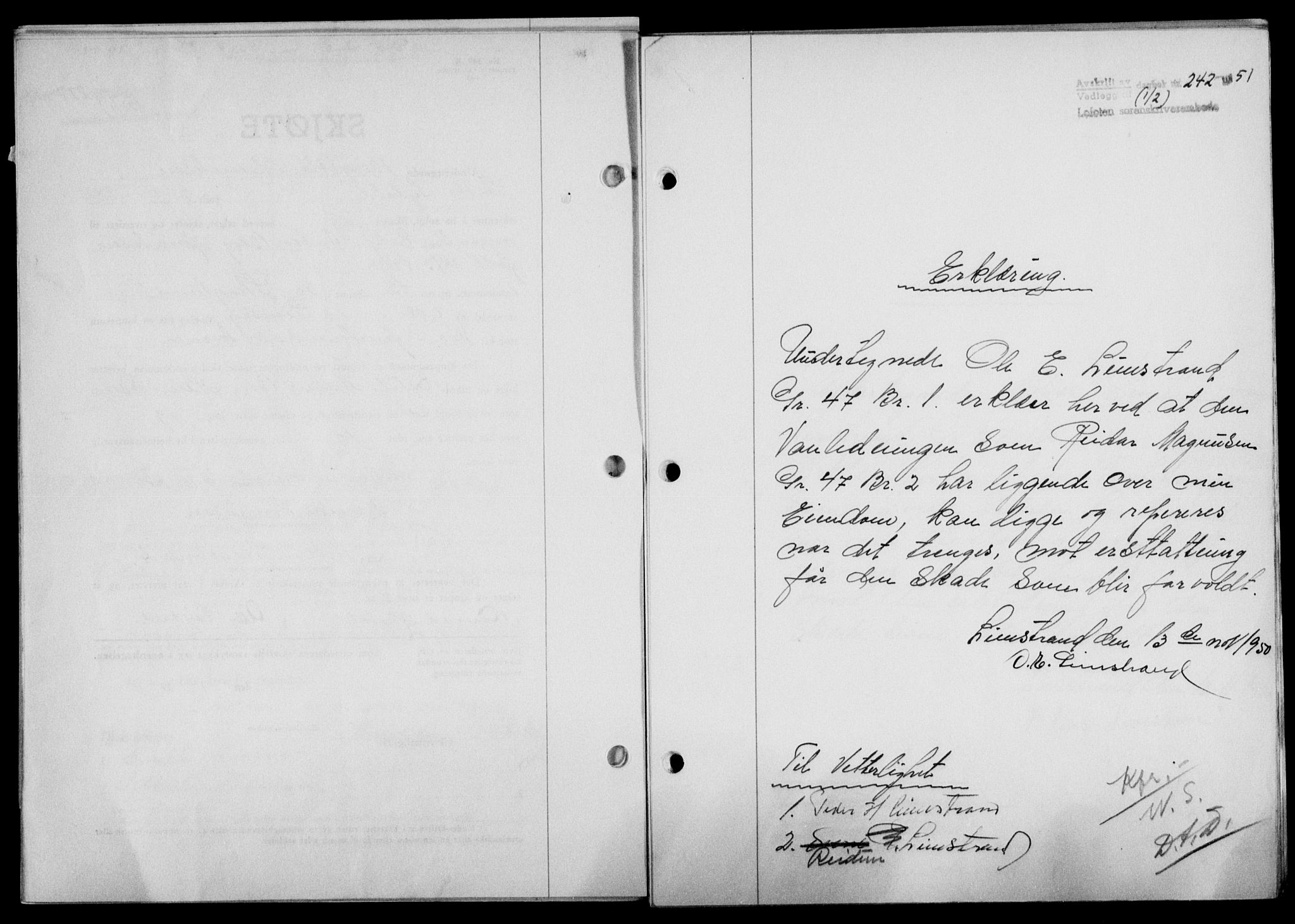Lofoten sorenskriveri, SAT/A-0017/1/2/2C/L0025a: Mortgage book no. 25a, 1950-1951, Diary no: : 242/1951