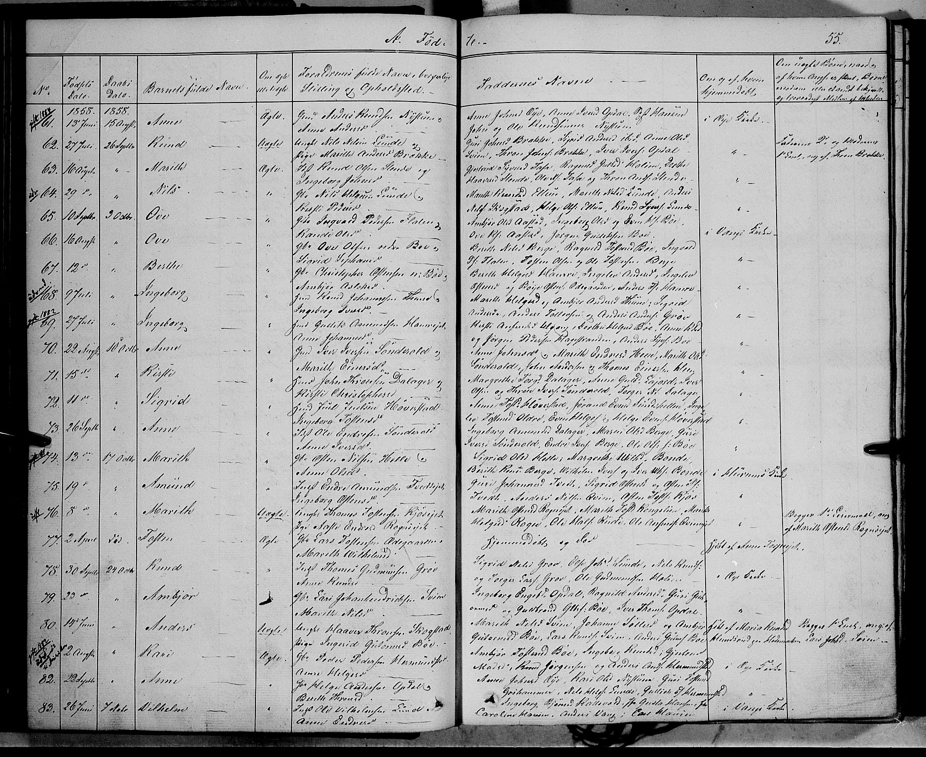 Vang prestekontor, Valdres, SAH/PREST-140/H/Ha/L0006: Parish register (official) no. 6, 1846-1864, p. 55