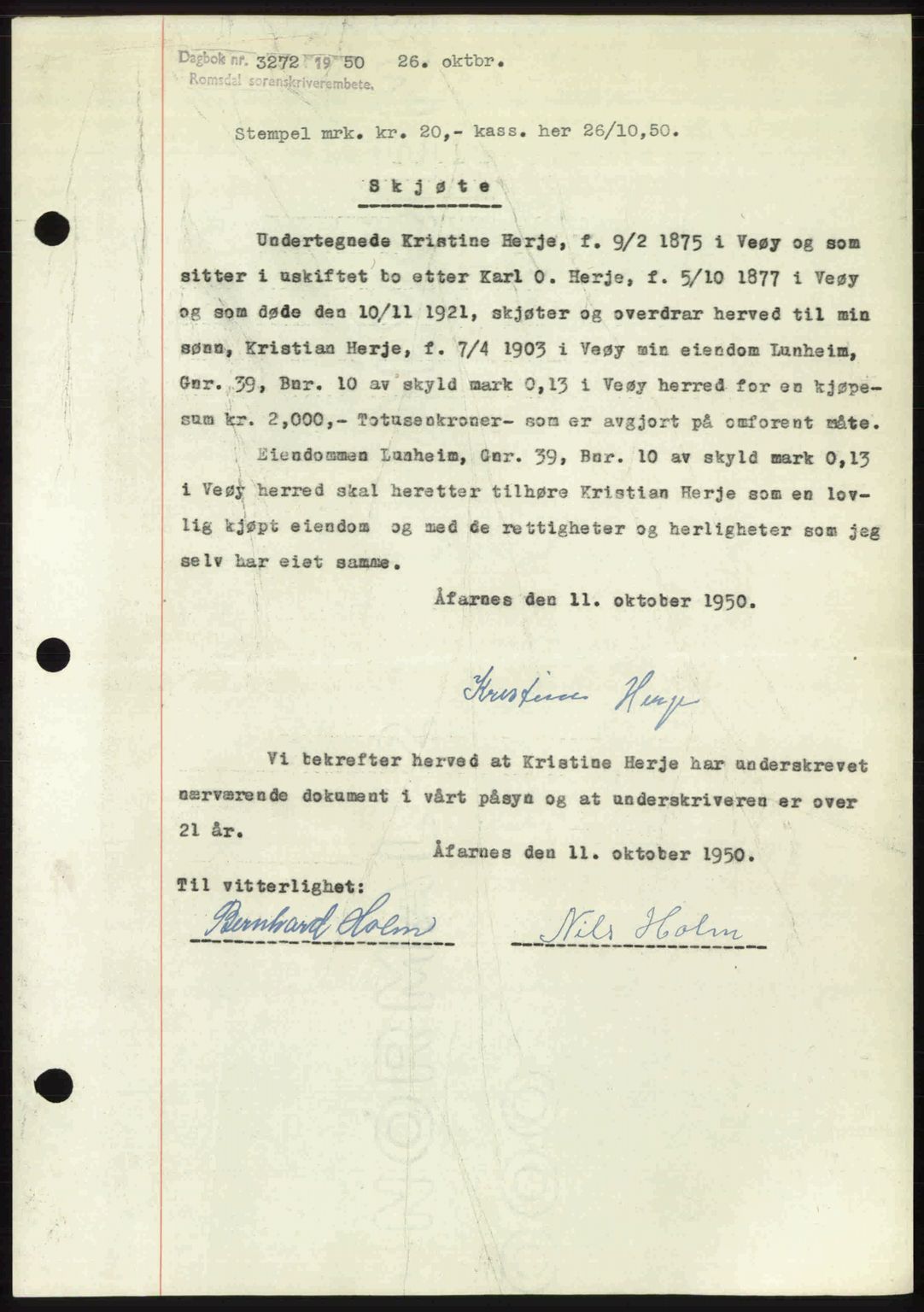 Romsdal sorenskriveri, AV/SAT-A-4149/1/2/2C: Mortgage book no. A34, 1950-1950, Diary no: : 3272/1950