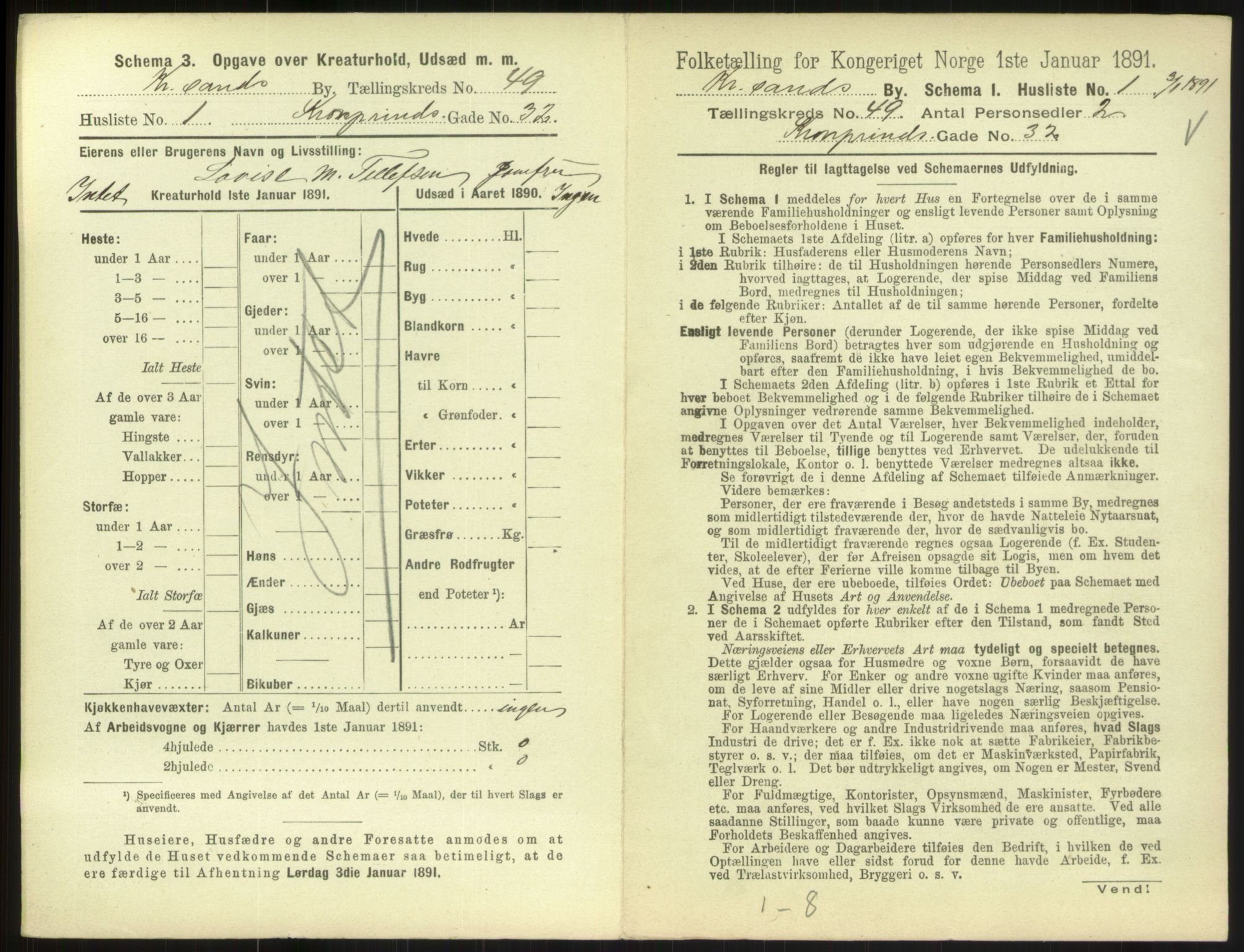 RA, 1891 census for 1001 Kristiansand, 1891, p. 2638