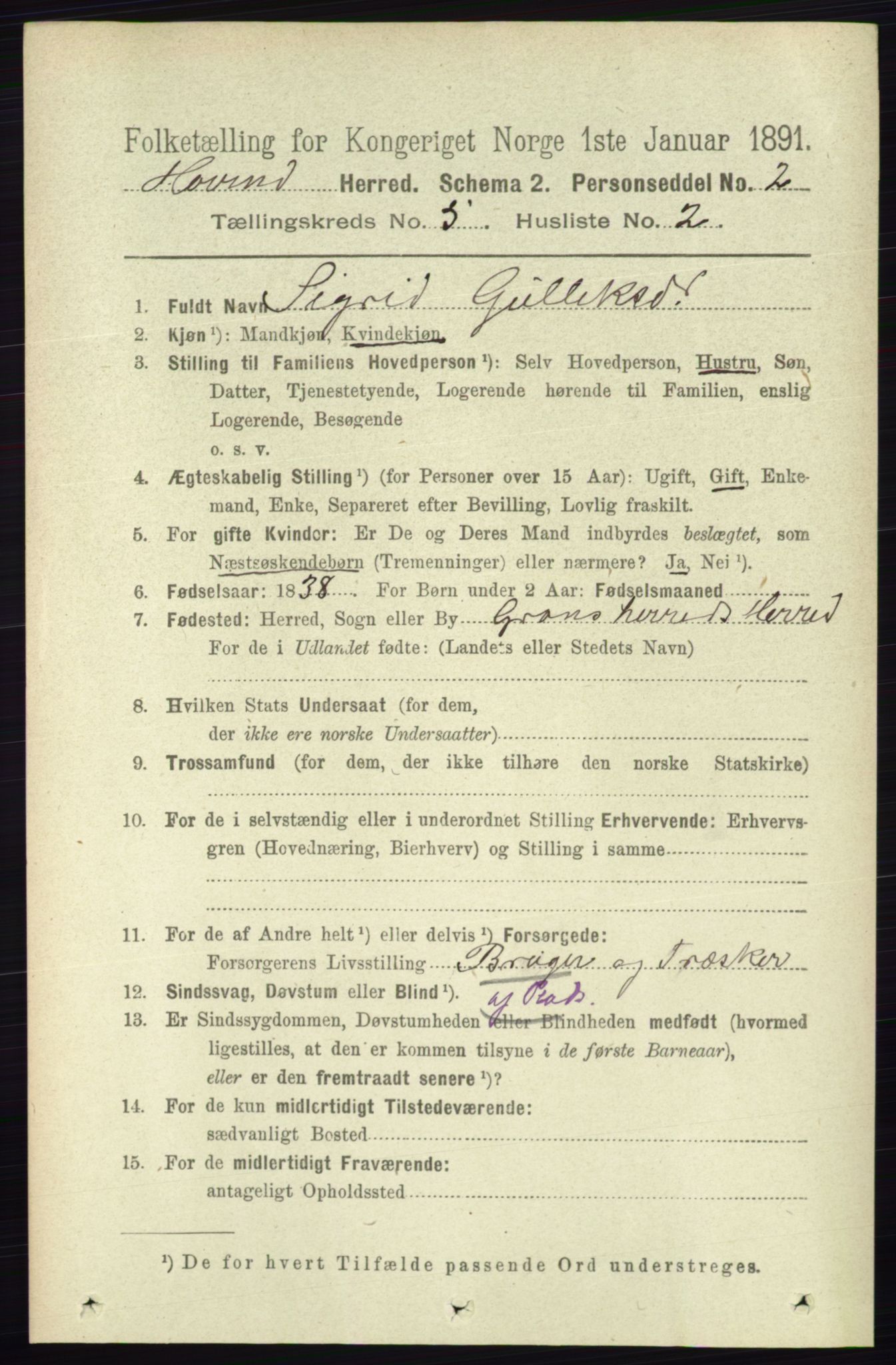 RA, 1891 census for 0825 Hovin, 1891, p. 988