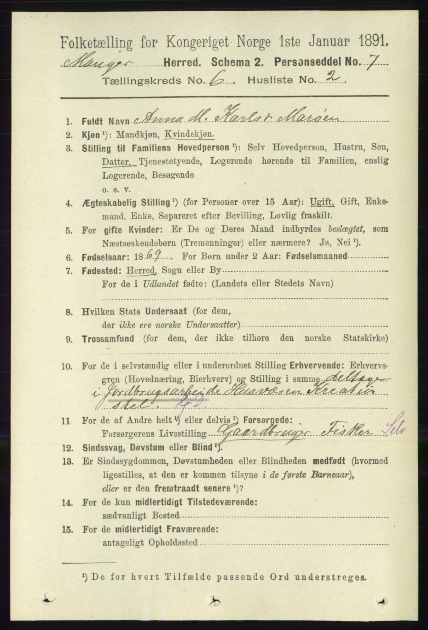 RA, 1891 census for 1261 Manger, 1891, p. 3421