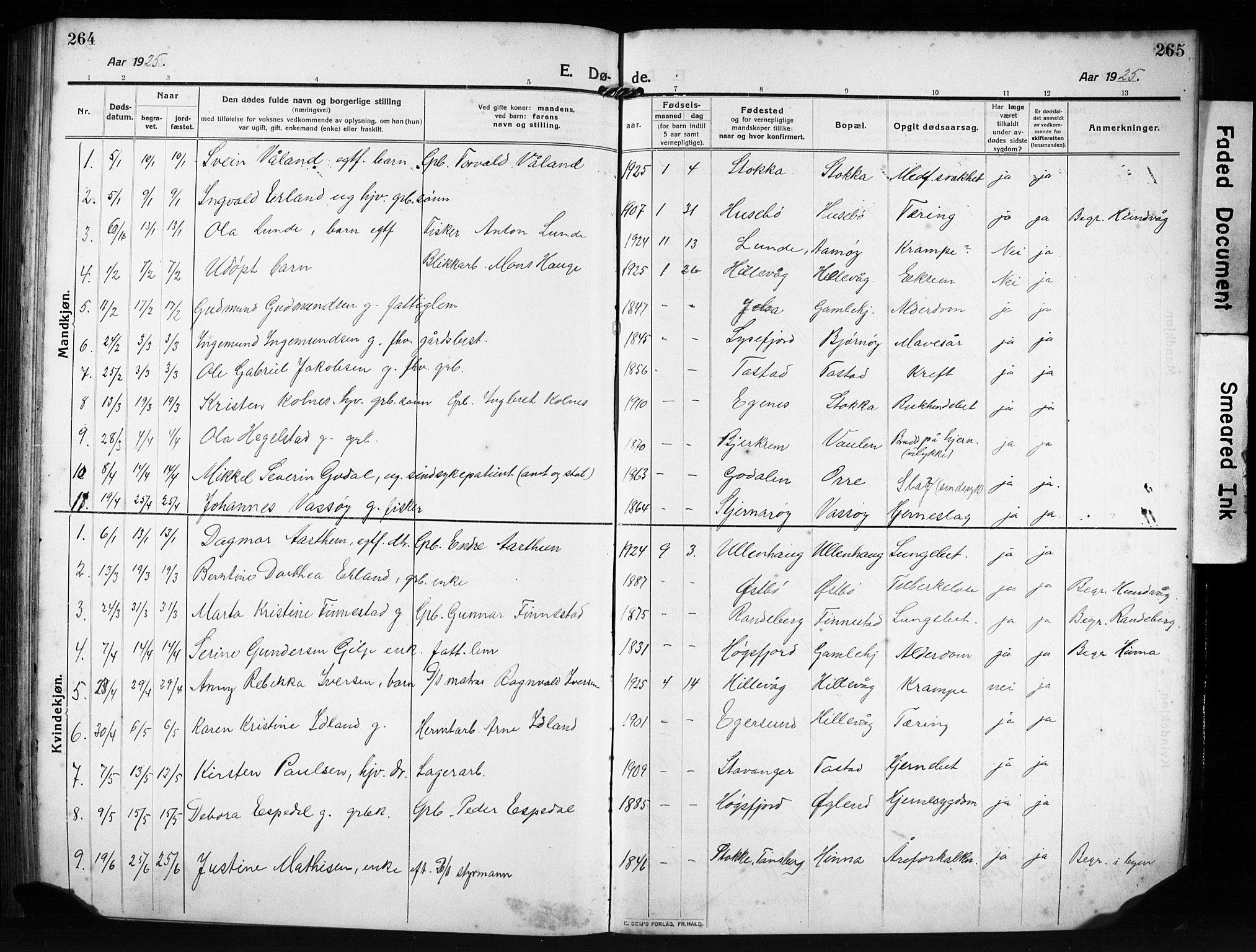 Hetland sokneprestkontor, AV/SAST-A-101826/30/30BB/L0009: Parish register (copy) no. B 9, 1910-1931, p. 264-265