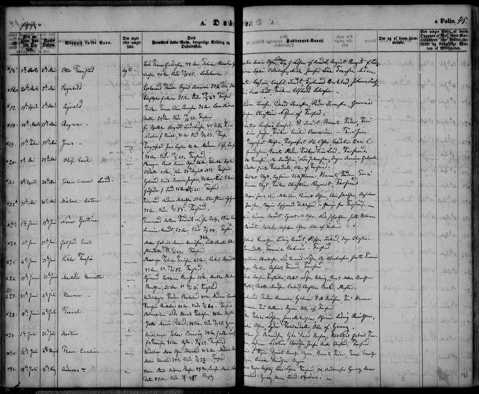 Farsund sokneprestkontor, SAK/1111-0009/F/Fa/L0005: Parish register (official) no. A 5, 1863-1886, p. 45