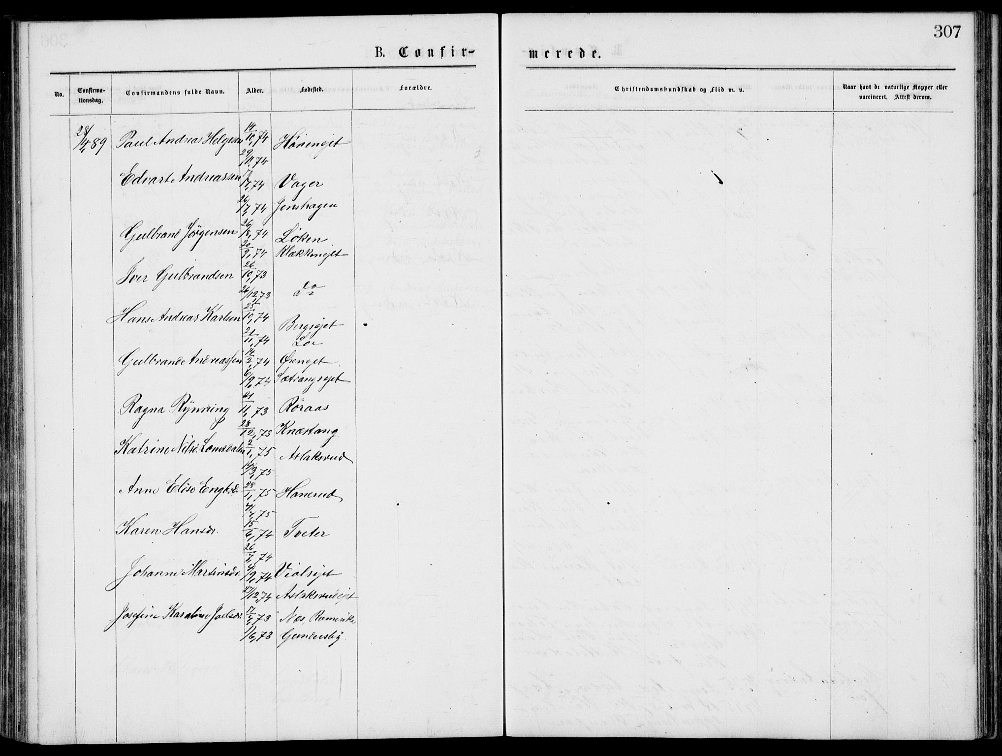 Norderhov kirkebøker, SAKO/A-237/G/Gb/L0001: Parish register (copy) no. II 1, 1876-1899, p. 307