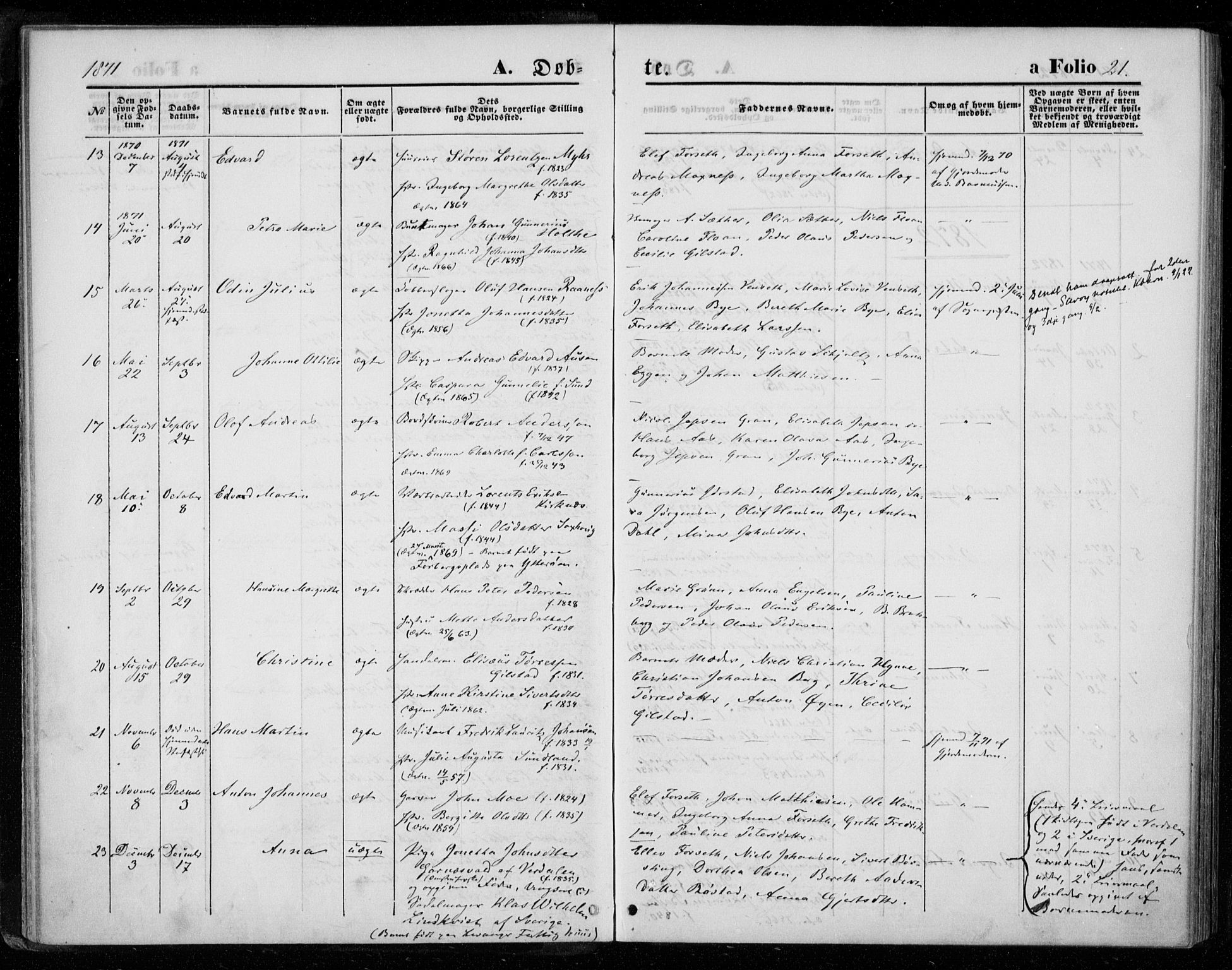 Ministerialprotokoller, klokkerbøker og fødselsregistre - Nord-Trøndelag, AV/SAT-A-1458/720/L0186: Parish register (official) no. 720A03, 1864-1874, p. 21