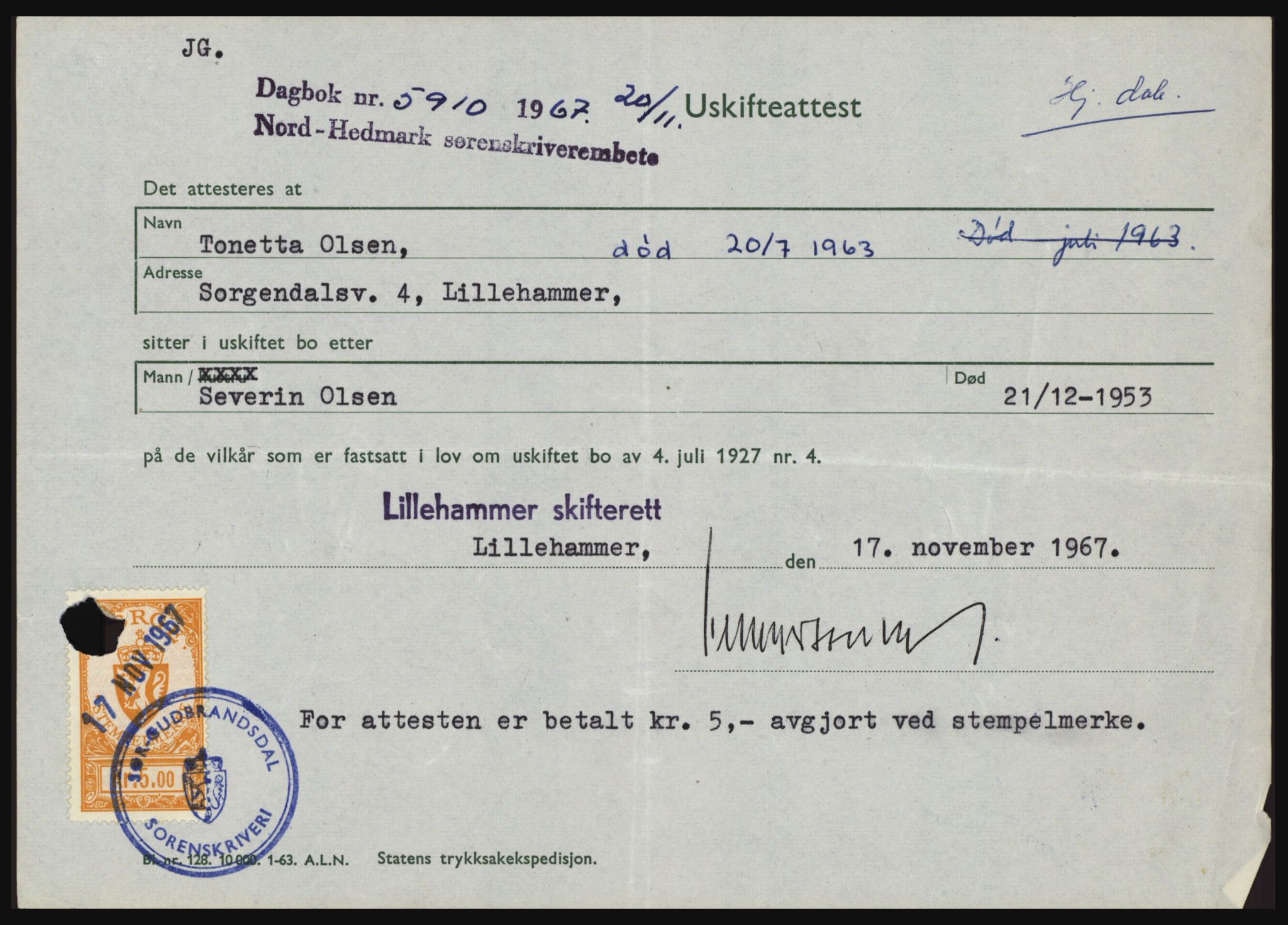 Nord-Hedmark sorenskriveri, SAH/TING-012/H/Hc/L0027: Mortgage book no. 27, 1967-1968, Diary no: : 5910/1967