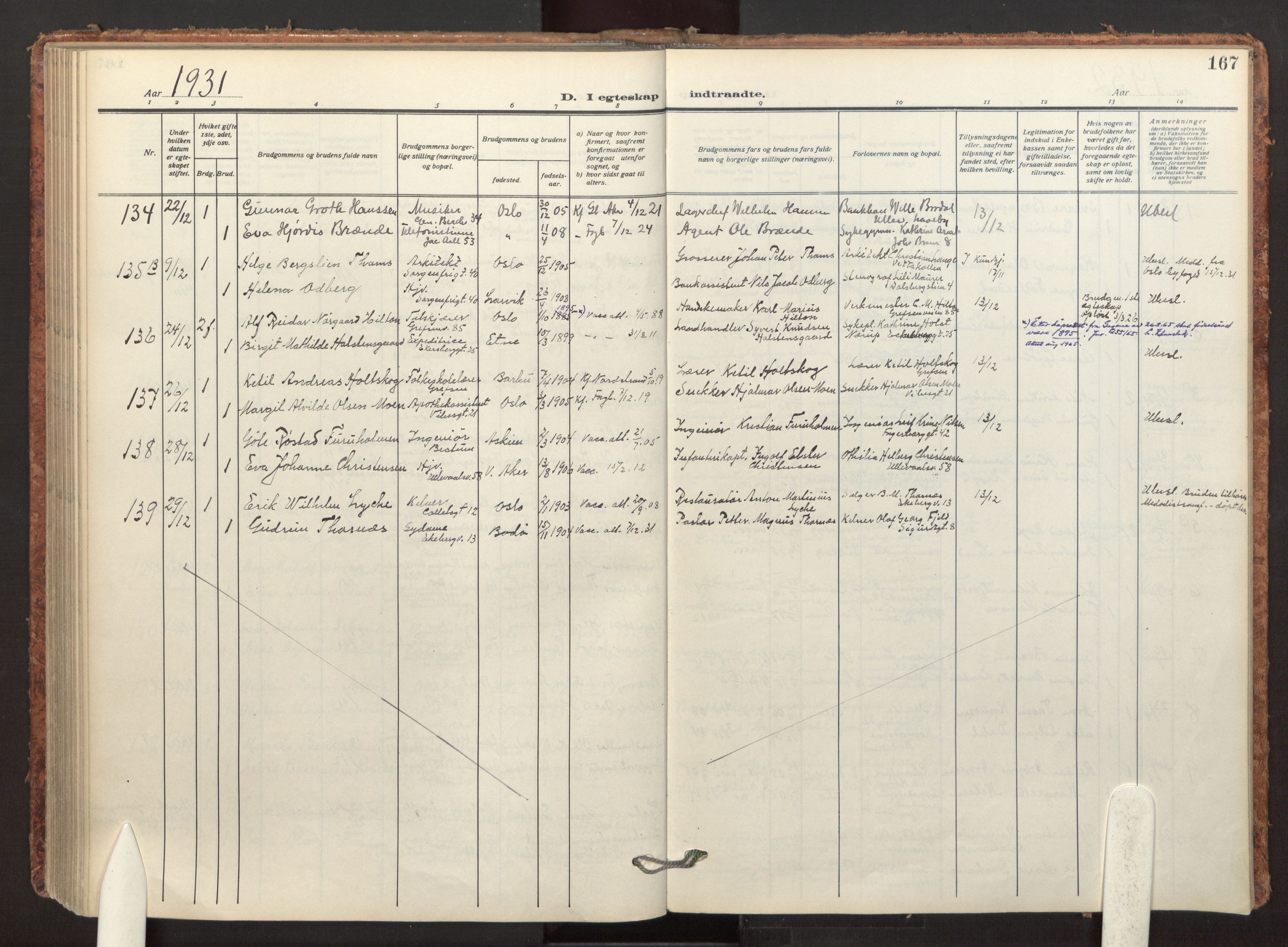 Fagerborg prestekontor Kirkebøker, SAO/A-10844/F/Fa/L0007: Parish register (official) no. 7, 1917-1934, p. 167