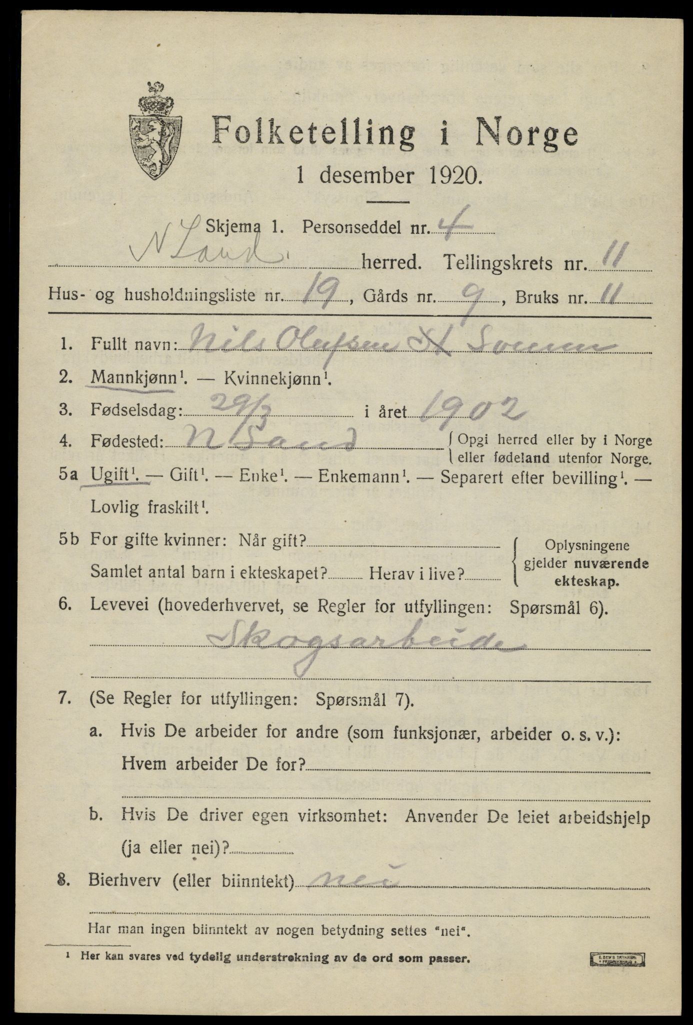 SAH, 1920 census for Nordre Land, 1920, p. 5824