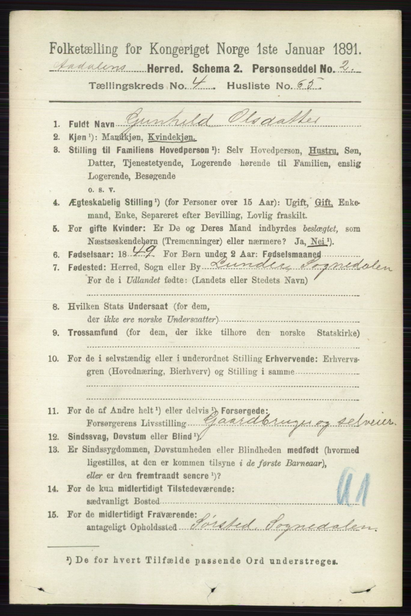 RA, 1891 census for 0614 Ådal, 1891, p. 1901