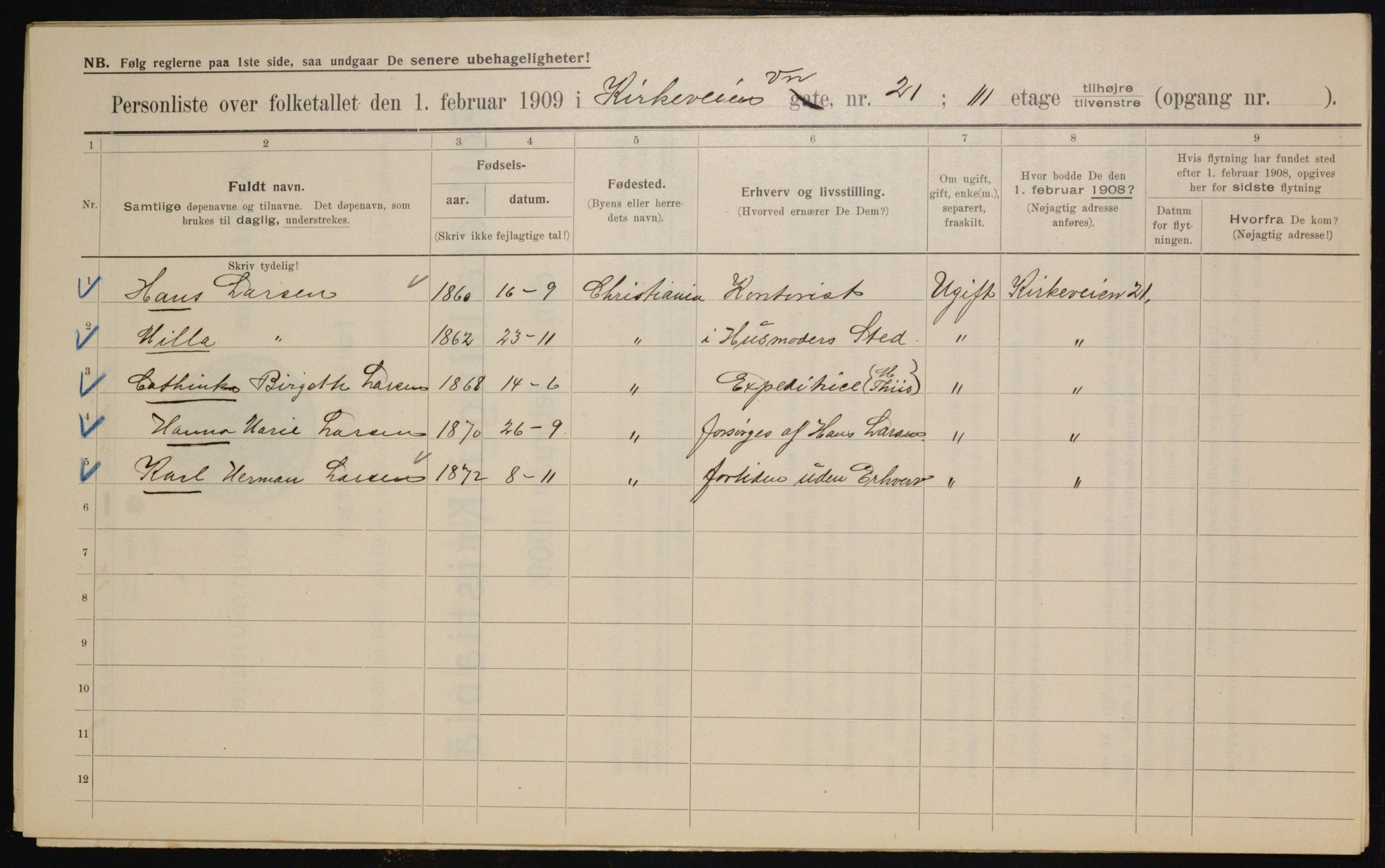 OBA, Municipal Census 1909 for Kristiania, 1909, p. 46485