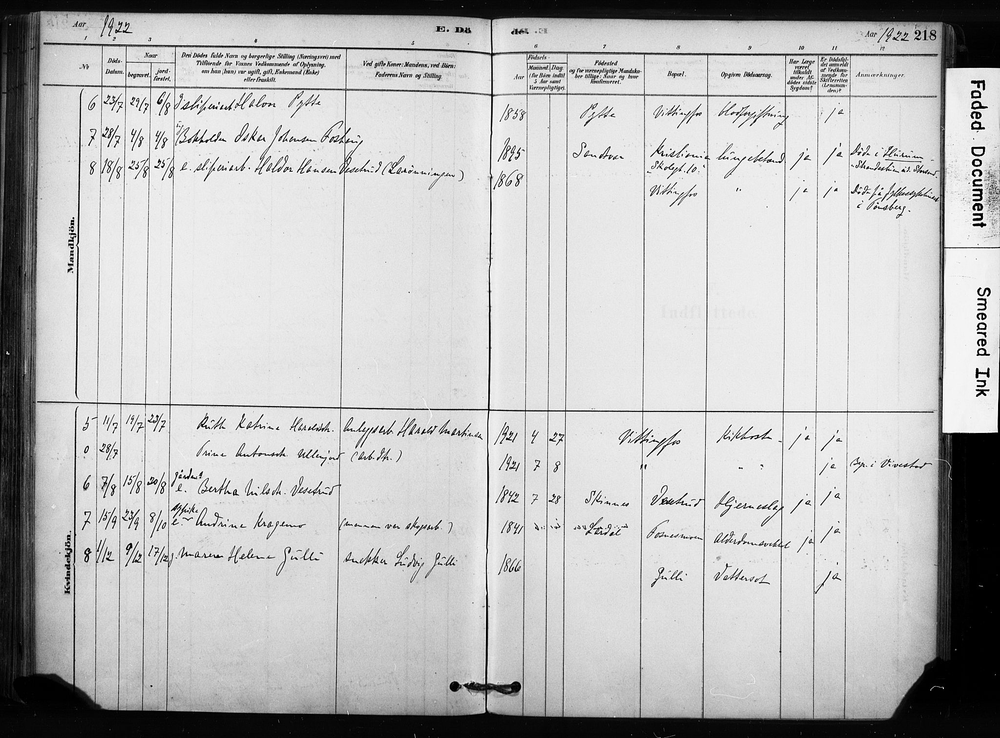 Sandsvær kirkebøker, SAKO/A-244/F/Fc/L0001: Parish register (official) no. III 1, 1878-1923, p. 218