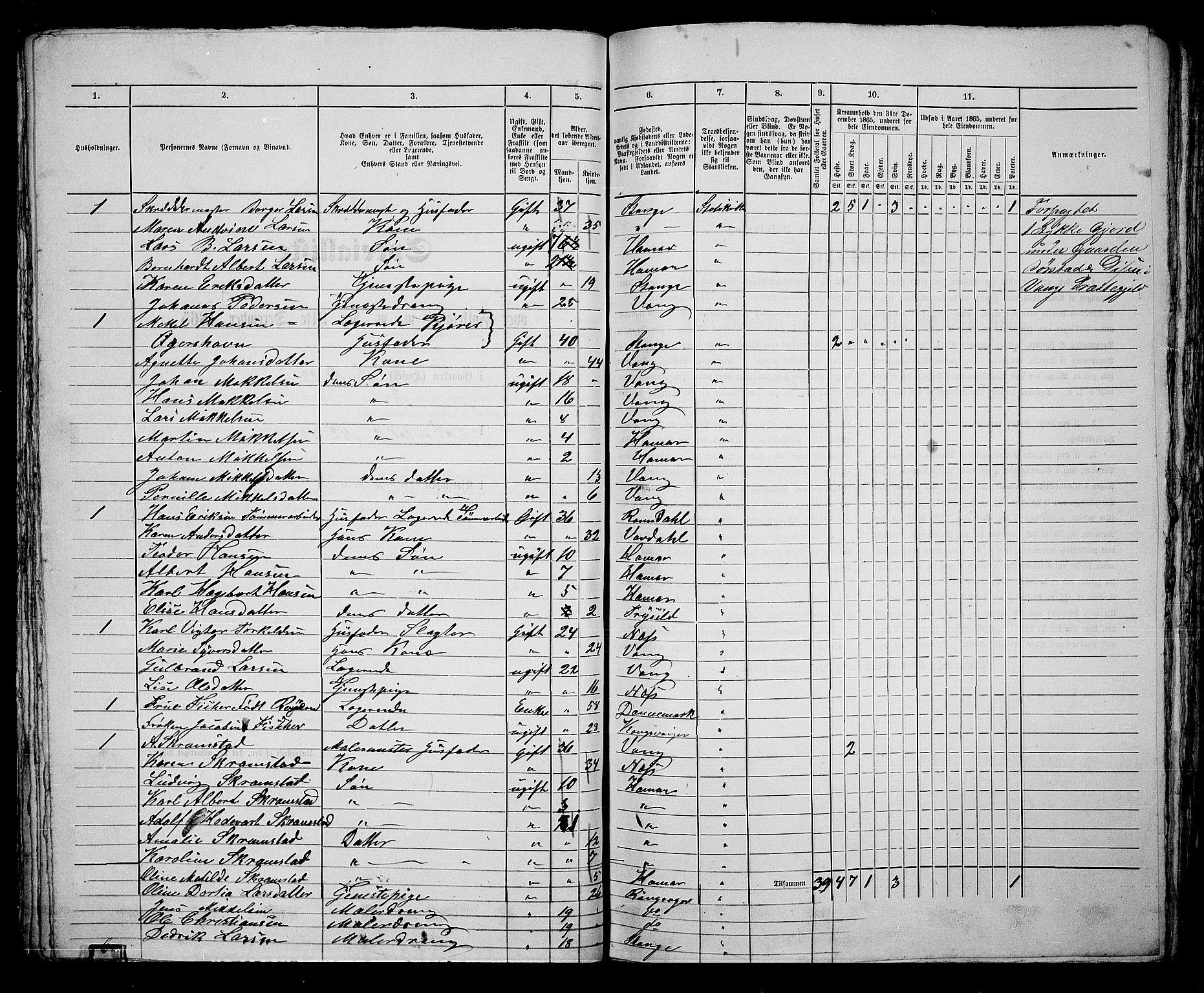 RA, 1865 census for Vang/Hamar, 1865, p. 105