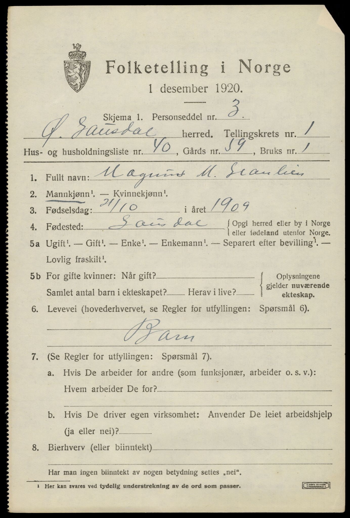 SAH, 1920 census for Østre Gausdal, 1920, p. 1360